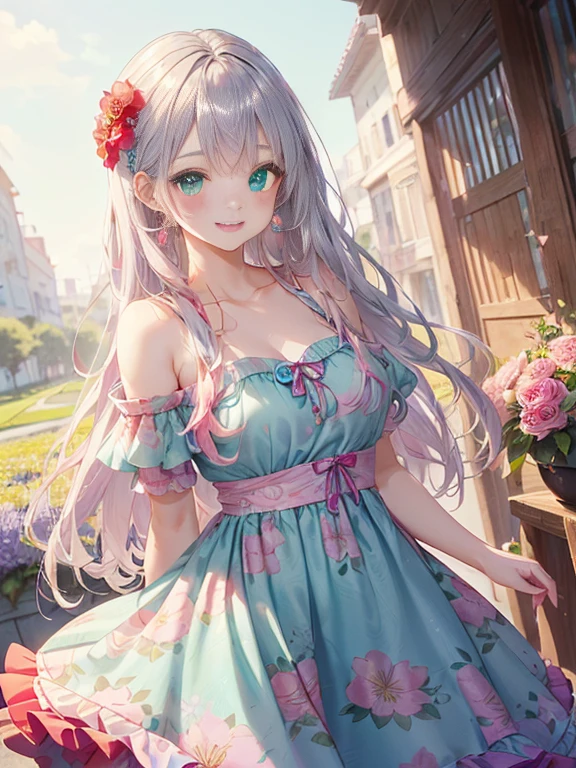 小さなgirl、The arrival of spring、Big Ass、 (alone:1.5,)Very detailed,Bright colors, Very beautiful detailed anime faces and eyes, Look straight ahead, Shiny_skin,girl, ((Silver long hair,The inner color is red、The hair tips are curled）） 、Forehead is exposed.、Green Eyes、、Shiny hair, Delicate beautiful face, blush、(Turquoise Eyes), White skin, Valletta, Earrings,、blue flower field、(((Pink ruffled dress with floral print、Purple mile、smile、Face dyed red