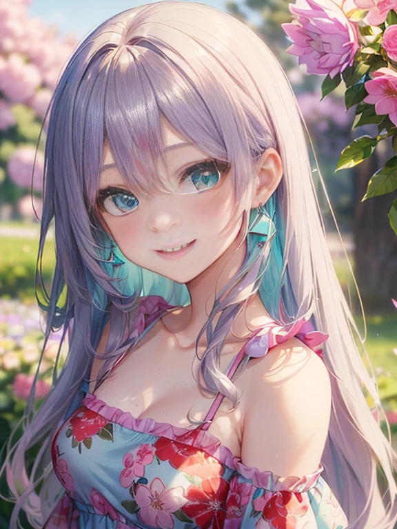 小さなgirl、The arrival of spring、Big Ass、 (alone:1.5,)Very detailed,Bright colors, Very beautiful detailed anime faces and eyes, Look straight ahead, Shiny_skin,girl, ((Silver long hair,The inner color is red、The hair tips are curled）） 、Forehead is exposed.、Green Eyes、、Shiny hair, Delicate beautiful face, blush、(Turquoise Eyes), White skin, Valletta, Earrings,、blue flower field、(((Pink ruffled dress with floral print、Purple mile、smile、Face dyed red