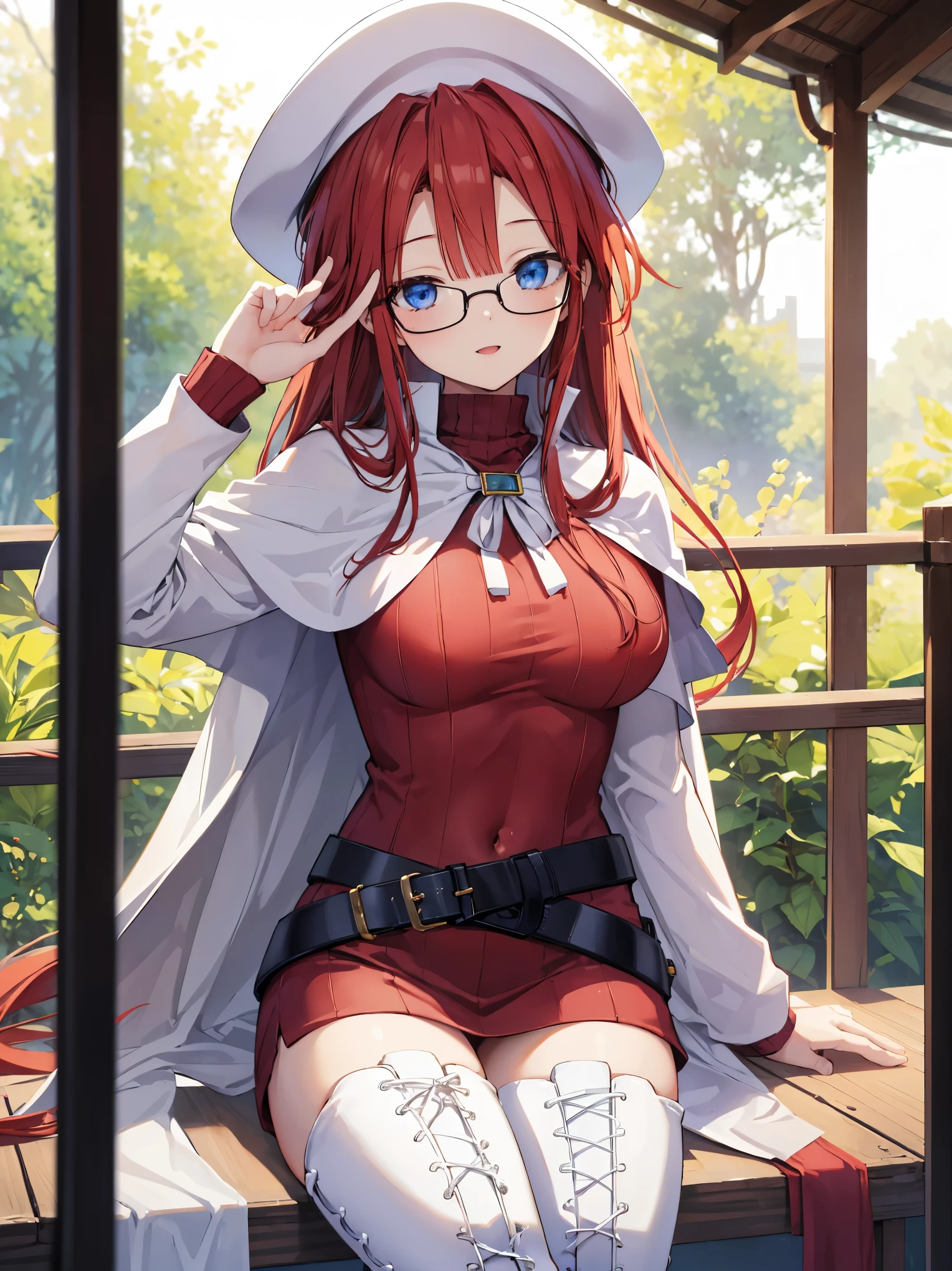 pov,(nsfw:1.2),summonnightaty, aty, (young:1.3),long hair, blue eyes, red hair, large_beret, hat, glasses,
BREAK long hair, thighhighs, hat, dress, boots, glasses, belt, cape, sweater, zettai ryouiki, beret, thigh boots, white footwear, ribbed sweater, loose belt,solo,
BREAK outdoors, fantasy,on_the_ship,on_the_ship's_railing
,
BREAK (masterpiece:1.2), best quality, high resolution, unity 8k wallpaper, (illustration:0.8), (beautiful detailed eyes:1.6), extremely detailed face, perfect lighting, extremely detailed CG, (perfect hands, perfect anatomy),covered_nipples,covered_navel,light_smile ,(half_eyes:1.4),sword,armpit,sleepy,dynamic_sitting,barrel,red_sweater,apart_legs,magical_effect,spread_legs, have_a_book,open_mouth,teacher,selfie