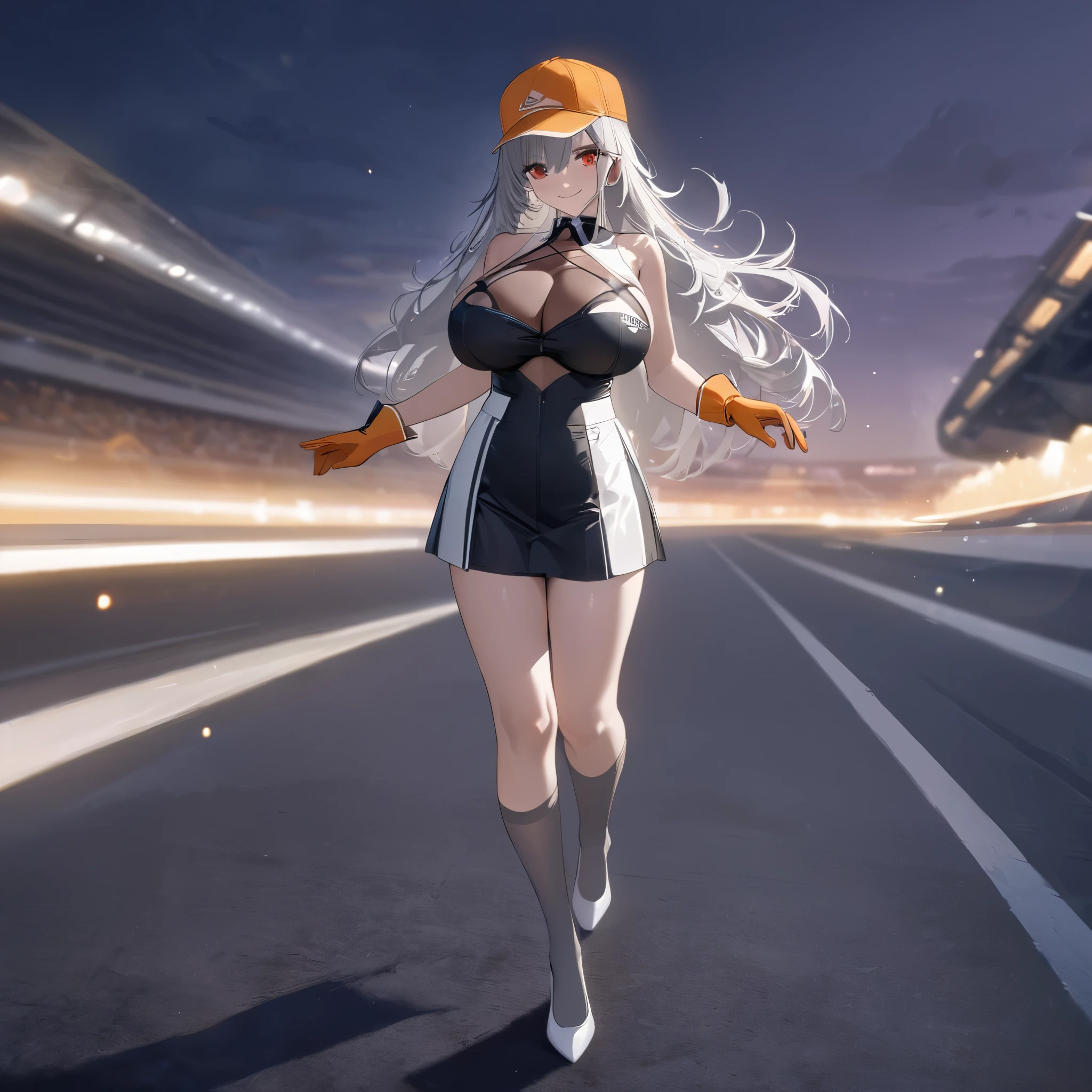 A woman wearing a gray race queen uniform with white details, long gray socks, white heels, big breasts, long silver hair, loose hair, orange gloves, orange sports hat, red eyes, smiling, walking on a race track, a gray car running behind, dark blue sunset sky, full body, illuminated place.,bokeh effect, atmospheric perspective, 8k , super detail, accurate, best quality, award winning, textured skin, high resolution, anatomically correct(solo woman)
