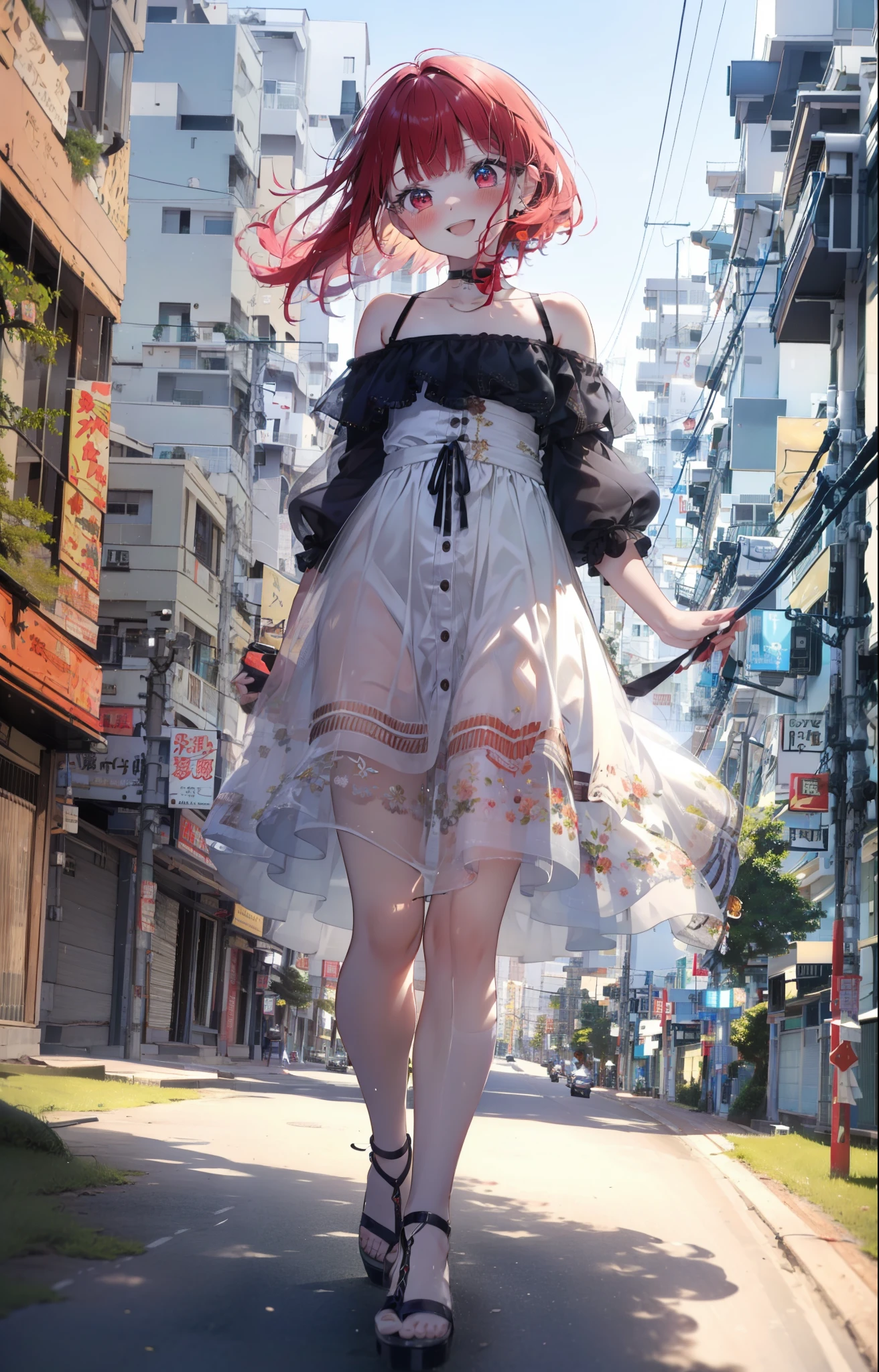 Arima etc., Arima Kana, (Red eyes:1.5), Long Hair,blush,happy smile, smile, Open your mouth,Redhead,Off-the-shoulder dress,Bare shoulders,Bare neck,bare clavicle,Long skirt,Cute sandals looking up from below,whole bodyがイラストに入るように,Daytime,True Summer,Clear skies,Walking,
壊す looking at viewer,whole body,
Destroy outdoors, Building district,Destroy the coastal road (masterpiece:1.2), highest quality, High resolution, unity 8k wallpaper, (shape:0.8), (Beautiful and beautiful eyes:1.6), Highly detailed face, Perfect lighting, Highly detailed CG, (Perfect hands, Perfect Anatomy),
