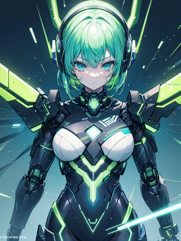 neon light,she is wearing a tech armour,her arms are robotic, green hair,blue eyes,fit body, detailed image,less blur, detailed background,8k uhd, enhanced edition,