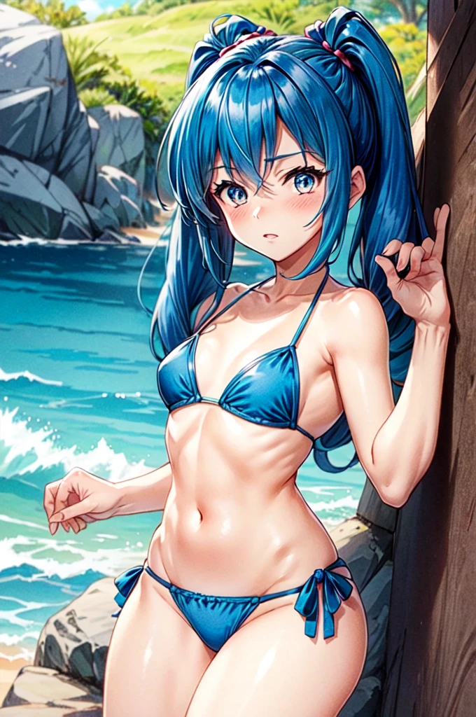 Beautiful Wendy Marvell with wide hips in small blue bikini, blue hair in pigtails
