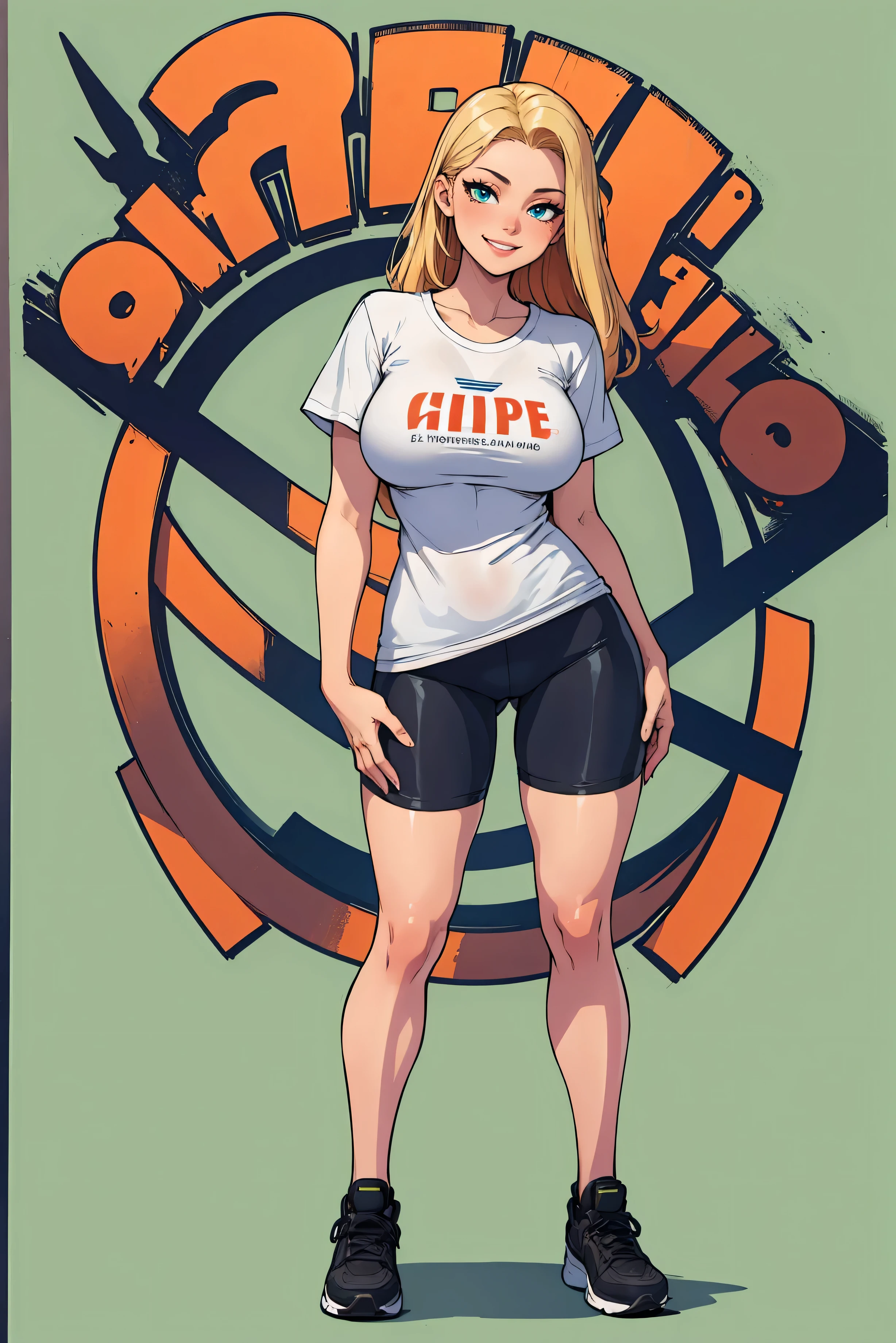 green solid background, 1 woman, best quality, ultra high res, long hair, blonde hair, blue eyes, full lips, bike shorts, blank white t-shirt, short sleeves, smiling at viewers, double D breast, standing, full body