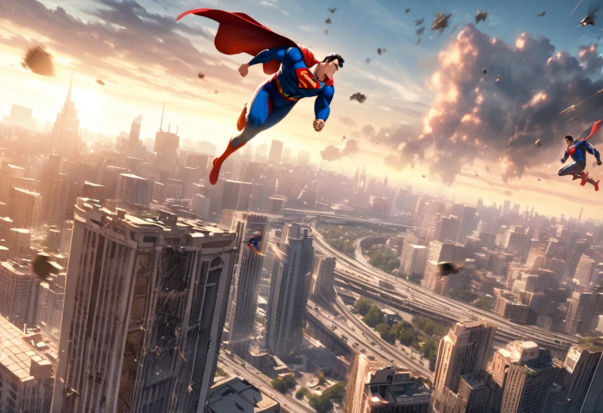 Superman flying in to save the day, robot attacking downtown.