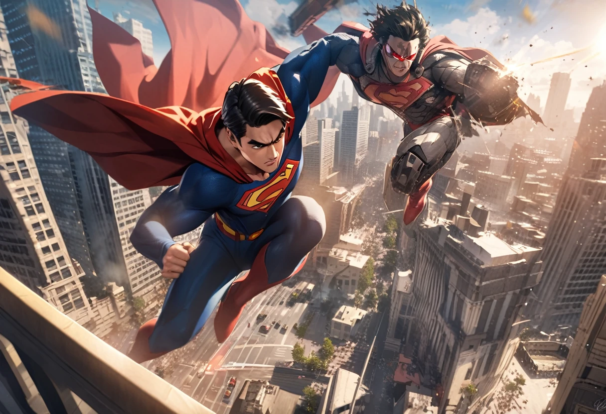 Superman flying in to save the day, robot attacking downtown.