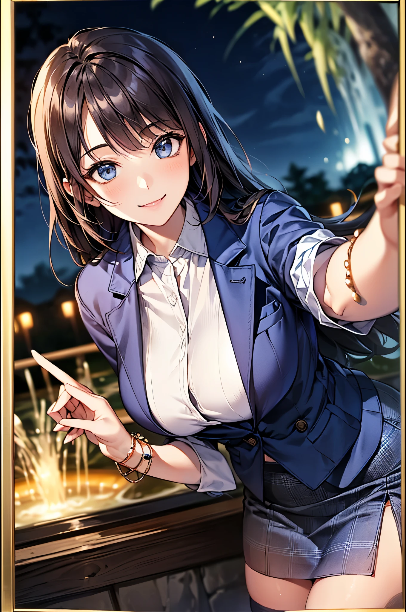((Biologically correct limb count))、(( whole body including face))、4K、Masterpiece、((Focus on the face))、((Symmetrical, well-proportioned facial features))、Eyes with delicate depictions、(((1 person)))、Beautiful woman、Outstanding style、Slender Body、(High heels with anklets)、(((Navy blue jacket、blazer、shirt、Checked Skirt、stockings))、(((Huge fountain with white framed photo)))、(Shy、smile)、Upper body close-up、(Sidelong glance)、High angle、night、
