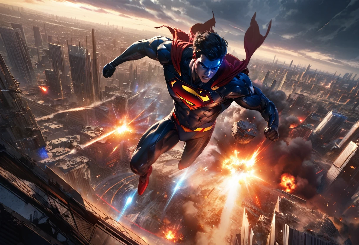 (a)superman,flying,save the day,city,hero,rescue,superpower,strong,bold,bright colors,
(b)robot,attacking,downtown,destruction,chaos,sci-fi,futuristic,dangerous,metallic,explosions
(c)best quality,ultra-detailed,realistic,spectacular,highres,HDR,professional lighting
(d)portrait,landscape,concept artists,comic book style
(e)vibrant colors,contrast,shadows,highlights
(f)dramatic lighting,backlighting,strong shadows,spotlights