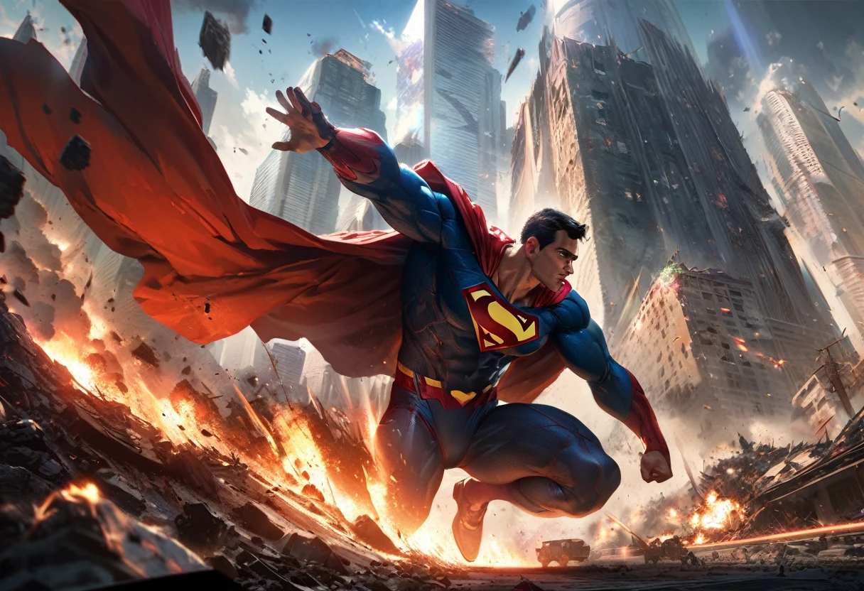 (a)superman,flying,save the day,city,hero,rescue,superpower,strong,bold,bright colors,
(b)robot,attacking,downtown,destruction,chaos,sci-fi,futuristic,dangerous,metallic,explosions
(c)best quality,ultra-detailed,realistic,spectacular,highres,HDR,professional lighting
(d)portrait,landscape,concept artists,comic book style
(e)vibrant colors,contrast,shadows,highlights
(f)dramatic lighting,backlighting,strong shadows,spotlights