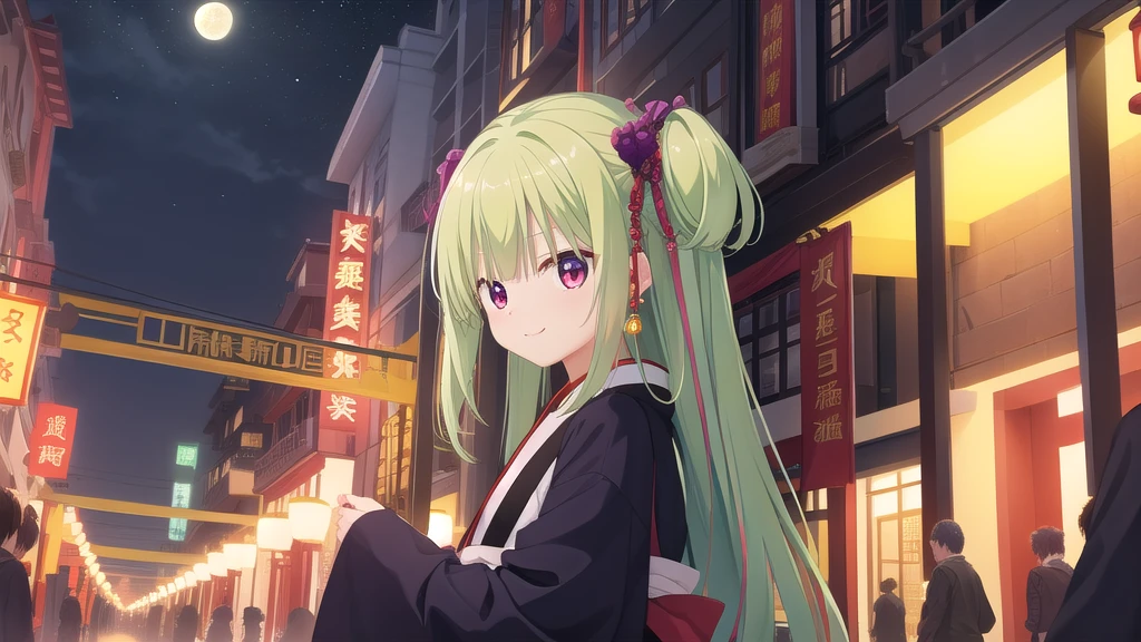 ((masterpiece)),(best quality),Official Art,Extremely detailed CG,Unity 8k Wallpaper,Super detailed,Beautiful and delicate eyes,Extremely detailed face,1 girl,solitary,,(whole body:1.5),(small:1.3),Smile,,Murasame,Very long hair,Green Hair,sides up,Purple bow,hairpin,Side Chain,Bangs,Red Eyes,Neck strap,Red belt,Aesthetic，Cloud sleeve hanfu，Neon Tang Dynasty Makeup Never Sleeps City，Thousands of people flock to the streets to enjoy the flowers。The long street is decorated with colorful lights，The building flashes red light and the Jade Rabbit is startled。Taomianyanhuan Tourist Delight，The color of the sky is beautiful and the moon is shining。Brick walls and grass are all scenery，Old and new songs accompanied by guzheng。