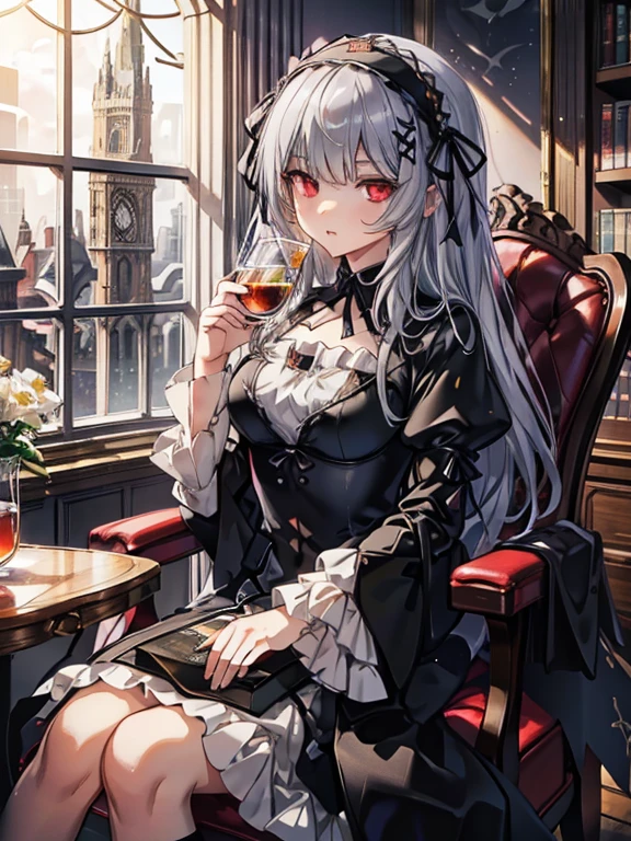 masterpiece, highest quality, Very detailed, 16k, Ultra-high resolution, Cowboy Shot, One , Detailed face, Perfect Fingers, sui1,Mercury lamp, Red eyes, Long Hair, Gothic Dress, Gray Hair, Floral Hair Ornament, Long sleeve, Gothic Headband, ribbon, Black Dress, Black wings, Western-style building, libraryai, Luxurious chair, Drinking tea
