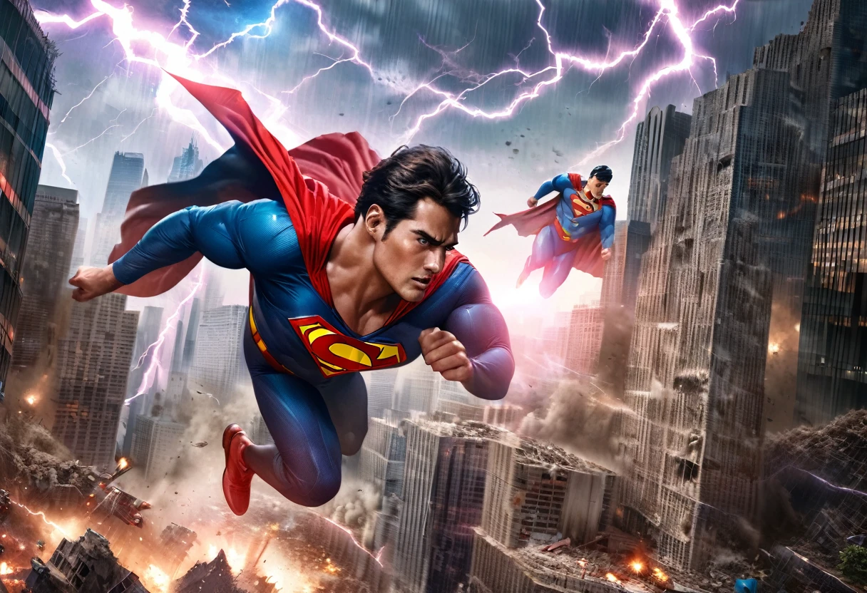 (superman,flying,save the day,robot,attacking,downtown,rescue,city,skyscrapers,destruction)
(best quality,ultra-detailed,realistic:1.37),(photography,comic book style),vibrant colors
(lightning, dramatic lighting)