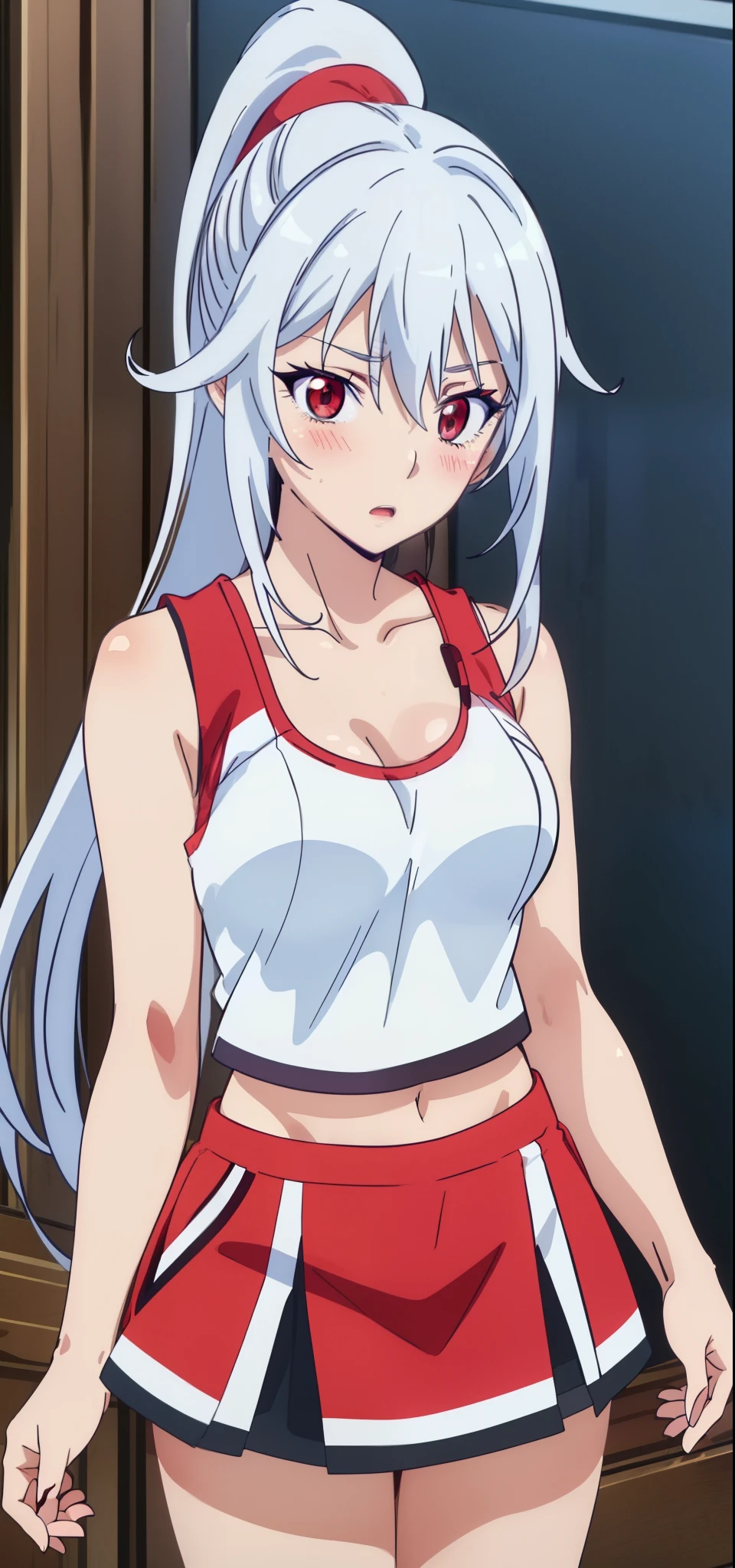 (masterpiece, best quality:1.2),illustration,8k,hd,1girl,very_long_hair,medium breasts,red_eyes,white_hair,((sleeveless)),(((skirt, cropped tank top, cowboy_shot))),aine,  (healthy skin, glowing skin), blushed,( ponytail)
