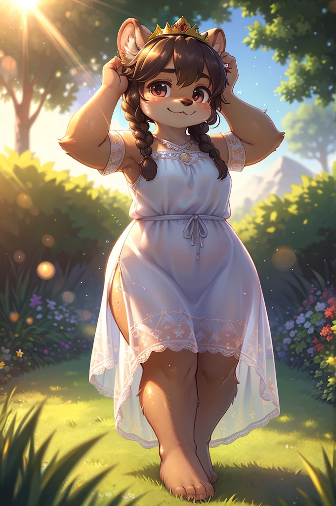 Bokeh , 1 hairy mature otter girl , Short stature , curvy , hige , realistic hairy fur , Round face, swollen cheeks, moist round eyes , Crown Braid , hair ties , (relax see-through summer dress:0.9) , in the grass garden , sunlight , (flare:1.2) , (body line is visible:1.2), (Accurate light transmission calculations:1.5) , model action
