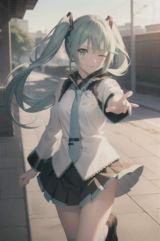 1girl, (masterpiece:1.3), (high resolution), (8K), (extremely detailed), (4k), (pixiv), perfect face, nice eyes and face, (best quality), (super detailed), detailed face and eyes, (solo), textured skin, absurdres, highres, wztalesxstyle, (hatsune miku:1.2), standing on one leg, one eye closed, neon lights, cute, smile, wind, outdoors, sunlight, pointing at viewer, miniskirt,