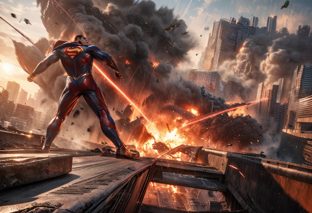 (best quality,4k,8k,highres,masterpiece:1.2),ultra-detailed,(realistic,photorealistic,photo-realistic:1.37),Superman flying in to save the day,robot attacking downtown,metallic texture,dynamic action scene,vibrant cityscape,skyscrapers on fire,dramatic sunset lighting,city in chaos,explosions and debris everywhere,Watertown Bridge collapsing in the background,giant robotic arms causing destruction,Superman with powerful physique and confident expression,futuristic cityscape,flying debris and smoke filling the air,fearful citizens running for their lives,bright and intense colors,Superman's cape billowing in the wind,intense and dramatic atmosphere,metropolis under attack,eye-catching visual effects,Superman with laser vision,hovering above the city,shattered windows and crumbling buildings,robot emitting electricity sparks,Superman with iconic S-shield on his chest,emergency vehicles rushing to the scene,Superman with bright red and blue costume,city under siege,Superman's striking and heroic pose,desperate cries for help,ominous and threatening vibe,people seeking shelter,Superman with super speed and agility,robot leaving destruction in its wake,Superman's determination to protect the innocent,chaotic battle scene,burning skyscrapers in the background,Superman's cape flowing gracefully,robot with menacing appearance,Superman's flying pose with outstretched arms,urgent and intense situation,robotic tentacles wreaking havoc,Superman with intense glowing eyes,fluttering city flags,Superman's powerful punches in mid-air,dynamic composition and angles.