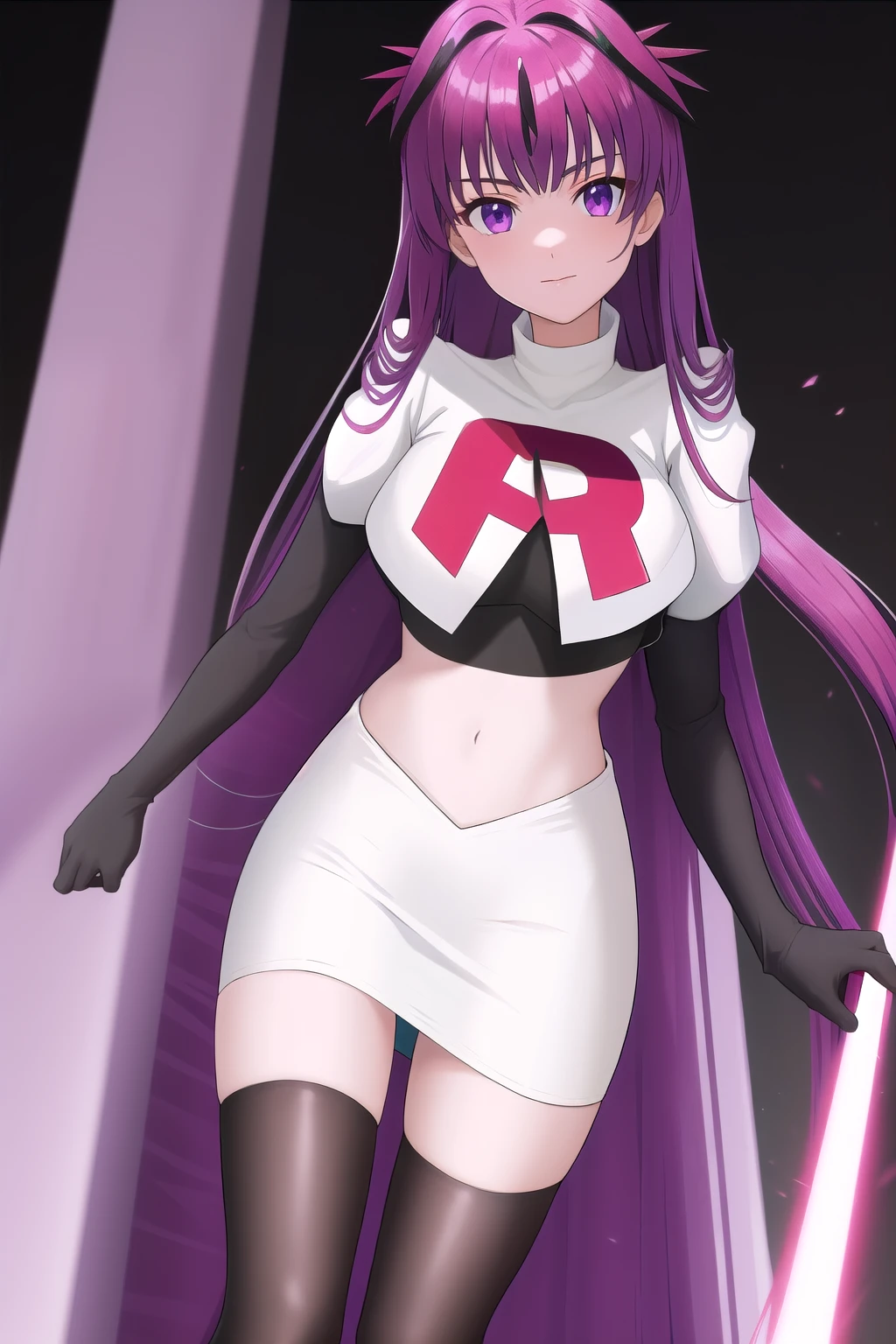 veyle_engage, 1girl, purple eyes, solo, team rocket,team rocket uniform,white skirt,red letter R,crop top,black thigh-highs,black elbow gloves