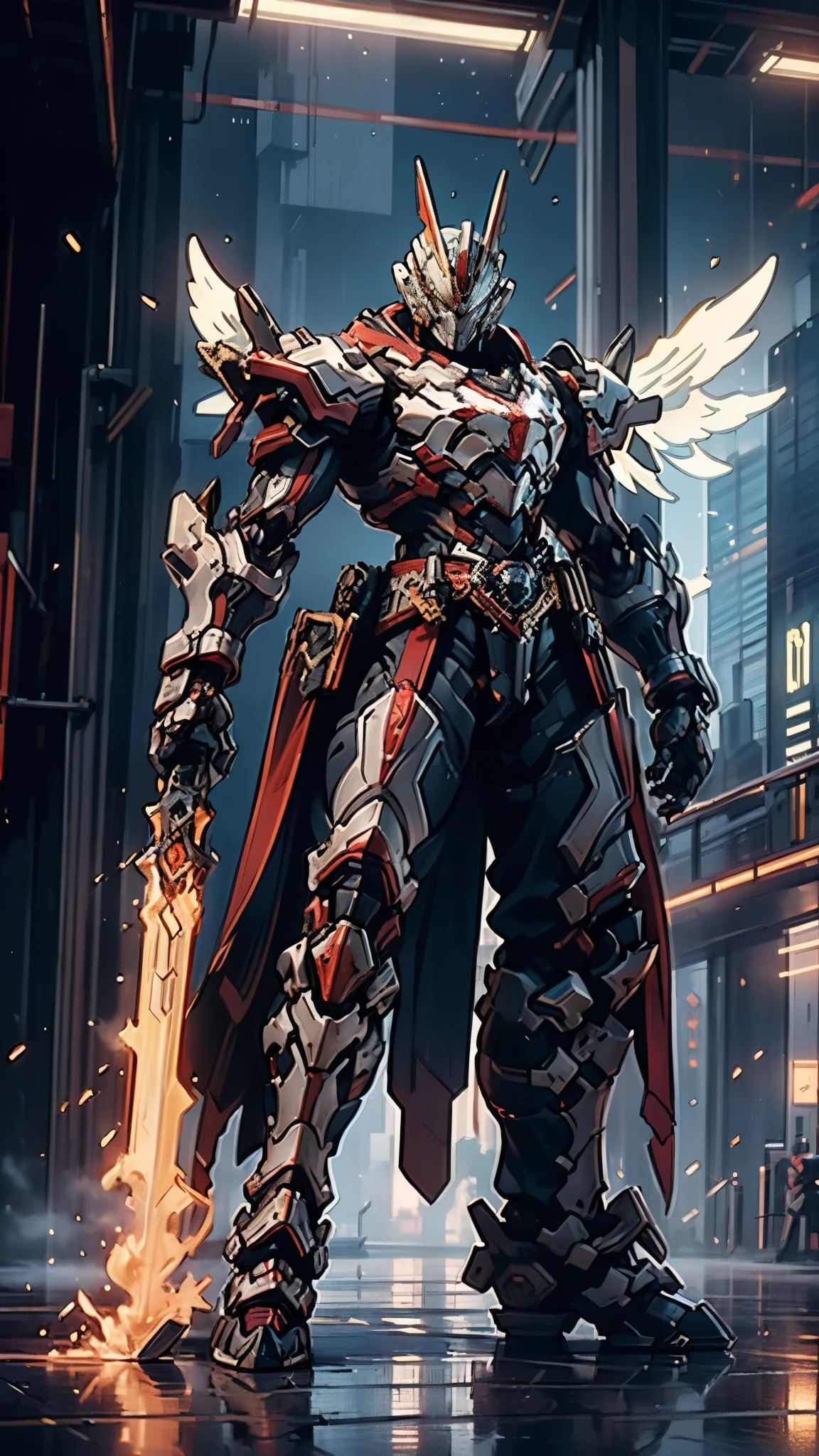 A man wearing a full-face helmet, a fantasy-style biotech armored combat suit, green eyes, (a composite layered chest armor), fully enclosed shoulder guards, matching arm and leg guards, the belt is adorned with Halo, (the color scheme is primarily white with red and blue accents), the design balances heavy with agility, a high-tech bio-mecha armor, (Armor Concept Inspired by Angel, stand on the top of a skyscraper in a futuristic sci-fi city), this character embodies a finely crafted fantasy-surreal style armored hero in anime style, exquisite and mature manga art style, (battle damage, element, plasma, energy, the armor glows), ((male:1.5)), metallic, real texture material, dramatic, high definition, best quality, highres, ultra-detailed, ultra-fine painting, extremely delicate, professional, perfect body proportions, golden ratio, anatomically correct, symmetrical face, extremely detailed eyes and face, high quality eyes, creativity, RAW photo, UHD, 32k, Natural light, cinematic lighting, masterpiece-anatomy-perfect, masterpiece:1.5