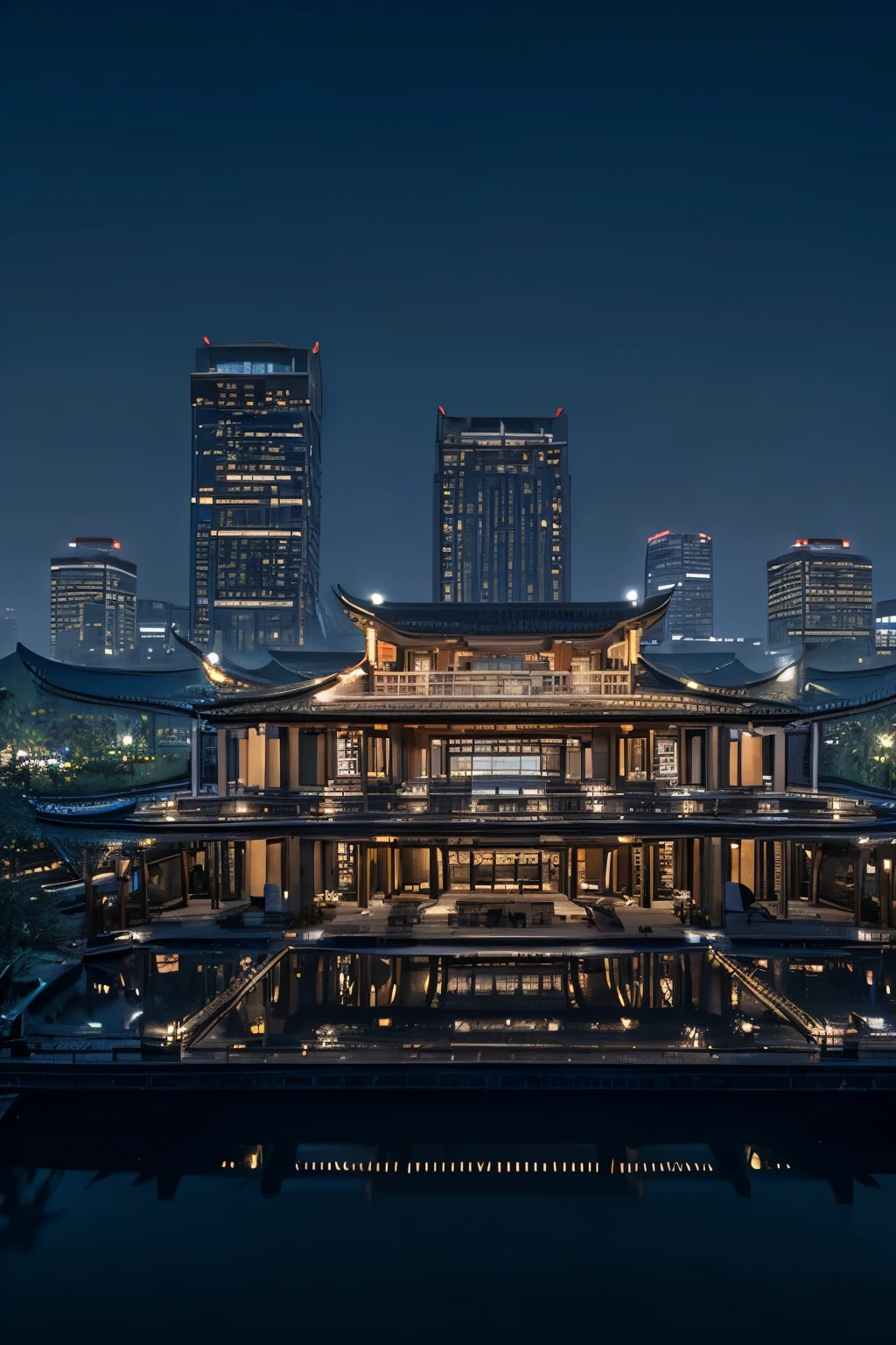 guofeng, A future scene, cyberpunk style, night sky, towering skyscrapers, twin towers, corridors, terraces, glass curtain walls, complex structures, (ancient Chinese architecture:1.2), (coexistence of modern and ancient architecture), full moon, agile curves, black and white ink style, freehand painting style, city under drone lens, high-altitude perspective, bird's-eye view, no animals, dramatic composition, cinematic atmosphere, masterpiece, best quality, Award winning works, personalized style, exquisite details, realistic shadows, HDR, UHD