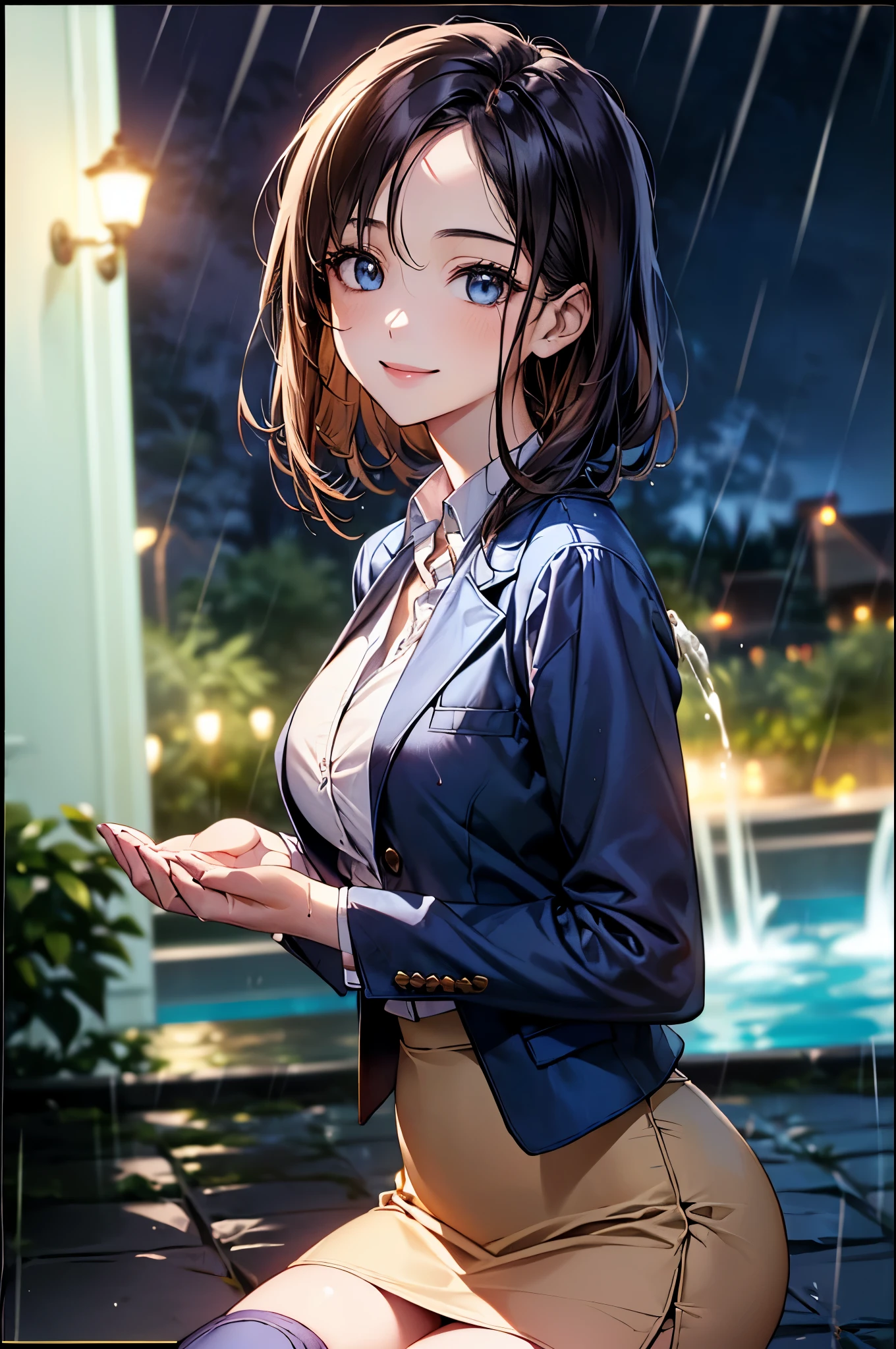 ((Biologically correct limb count))、(( whole body including face))、4K、Masterpiece、((Focus on the face))、((Symmetrical, well-proportioned facial features))、Eyes with delicate depictions、(((1 person)))、Beautiful woman、Outstanding style、Slender Body、(High heels with anklets)、(((Navy blue jacket、blazer、shirt、Checked Skirt、stockings))、(((Huge fountain with white framed photo)))、(Shy、smile）、Upper body close-up、(Sidelong glance)、High angle、night、rain