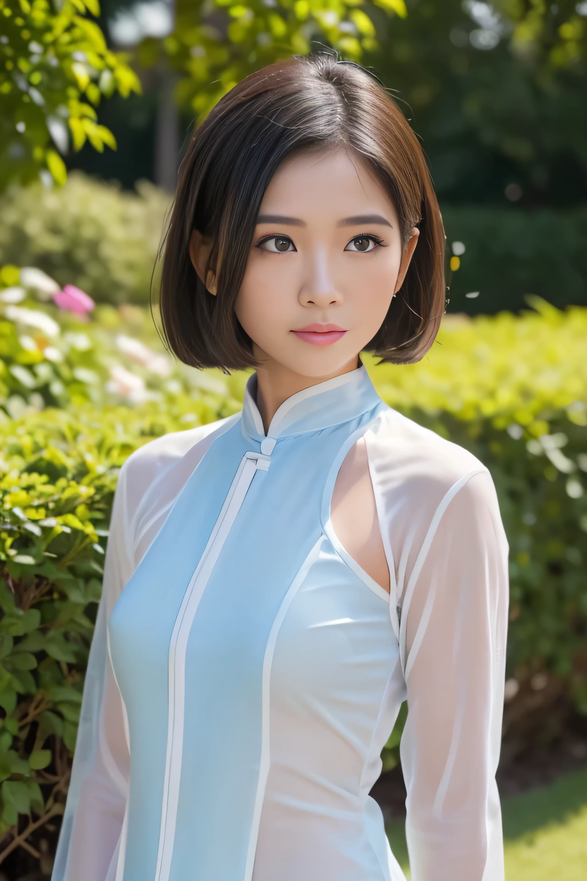 ((an innocent vietnamese girl, transparent aodai show naked body with pubic hair, seductive and sweat)), ((Masterpiece,realistic hair, layered haircut style, black-blue light: 1.3)), ((perfect body, perfect face, perfect eyes, absurd)), ((realistic, award-winning photography, trending on artstation, 16k, HDR, vibrant color, wide shot)), ((best quality, human, dynamic, color splash, front view)), ((detailed background, outdoor, garden))