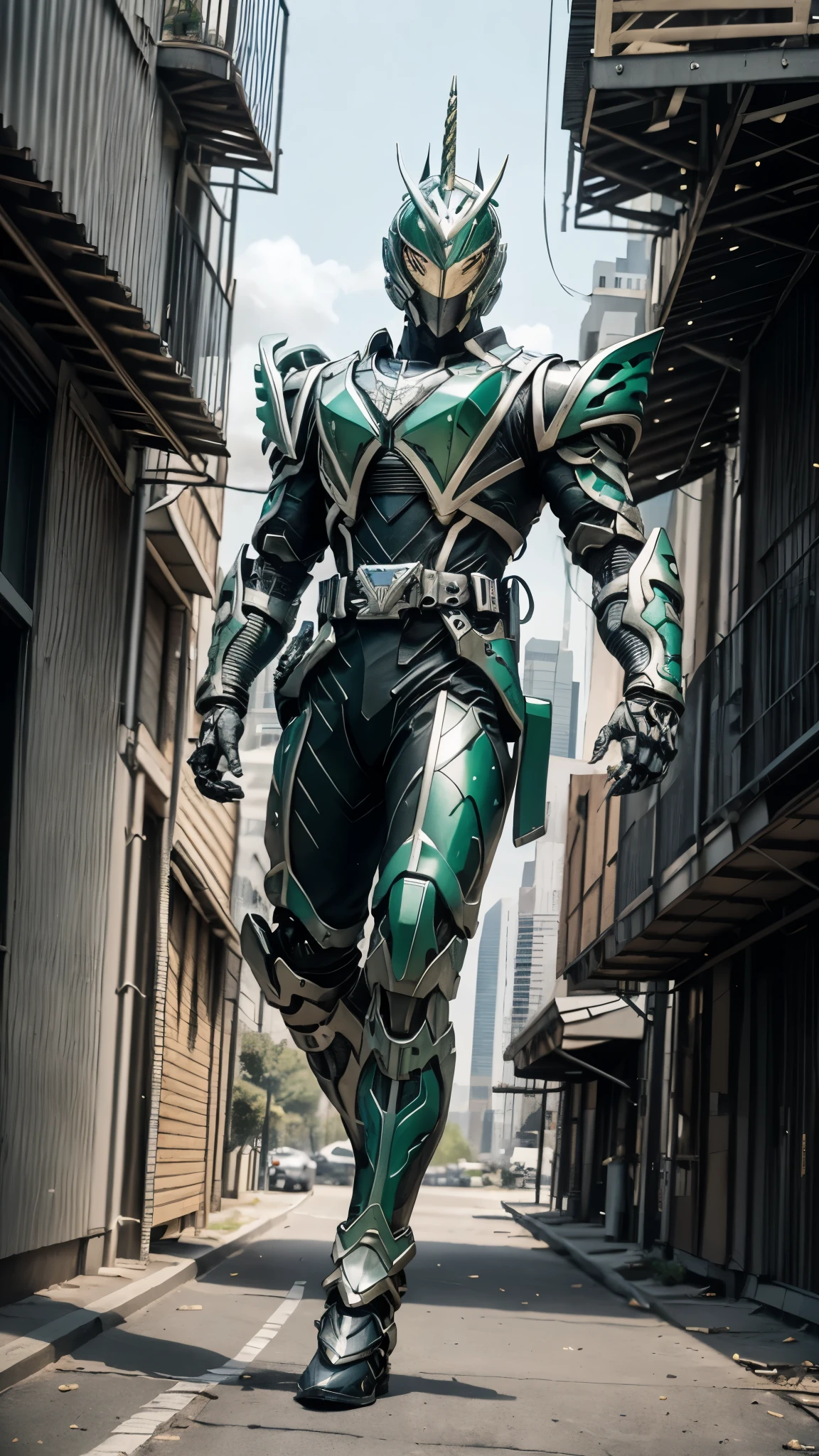 A man wearing a full-face helmet, a fantasy-style biotech armored combat suit, green eyes, (a composite layered chest armor), fully enclosed shoulder guards, matching arm and leg guards, the belt is adorned with Horseshoe-shaped marker, (the color scheme is primarily white with green accents), the design balances heavy with agility, a high-tech bio-mecha armor, (Armor Concept Inspired by Unicorn, stand on the top of a skyscraper in a futuristic sci-fi city), this character embodies a finely crafted fantasy-surreal style armored hero in anime style, exquisite and mature manga art style, (battle damage, element, plasma, energy, the armor glows), ((male:1.5)), metallic, real texture material, dramatic, high definition, best quality, highres, ultra-detailed, ultra-fine painting, extremely delicate, professional, perfect body proportions, golden ratio, anatomically correct, symmetrical face, extremely detailed eyes and face, high quality eyes, creativity, RAW photo, UHD, 32k, Natural light, cinematic lighting, masterpiece-anatomy-perfect, masterpiece:1.5