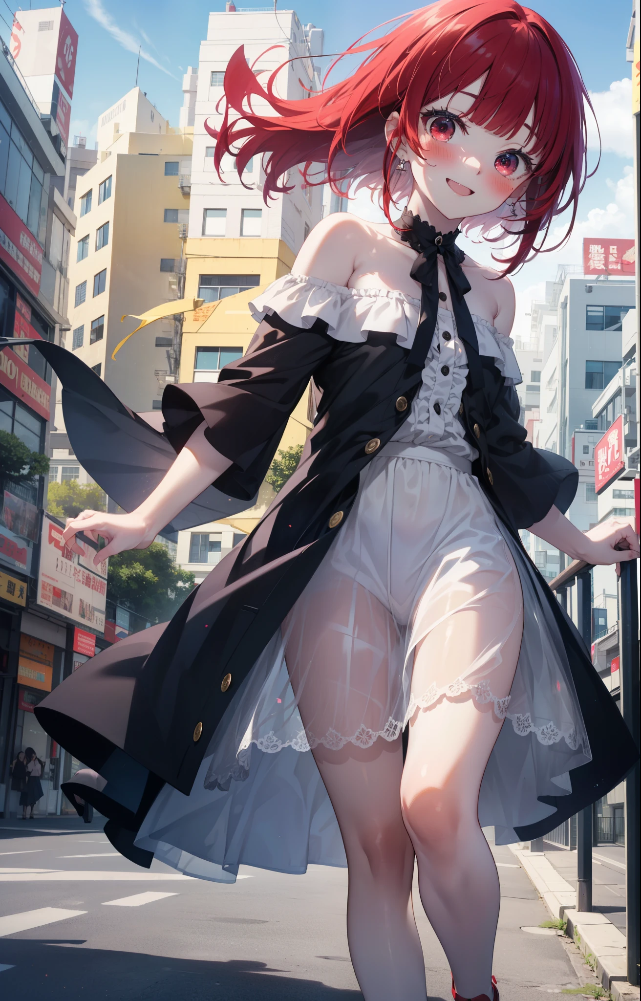 Arima etc., Arima Kana, (Red eyes:1.5), Long Hair,blush,happy smile, smile, Open your mouth,Redhead,Off-the-shoulder dress,Bare shoulders,Bare neck,bare clavicle,Long skirt,Cute sandals looking up from below,whole bodyがイラストに入るように,Daytime,True Summer,Clear skies,Walking,
壊す looking at viewer,whole body,
Destroy outdoors, Building district,Destroy the coastal road (masterpiece:1.2), highest quality, High resolution, unity 8k wallpaper, (shape:0.8), (Beautiful and beautiful eyes:1.6), Highly detailed face, Perfect lighting, Highly detailed CG, (Perfect hands, Perfect Anatomy),