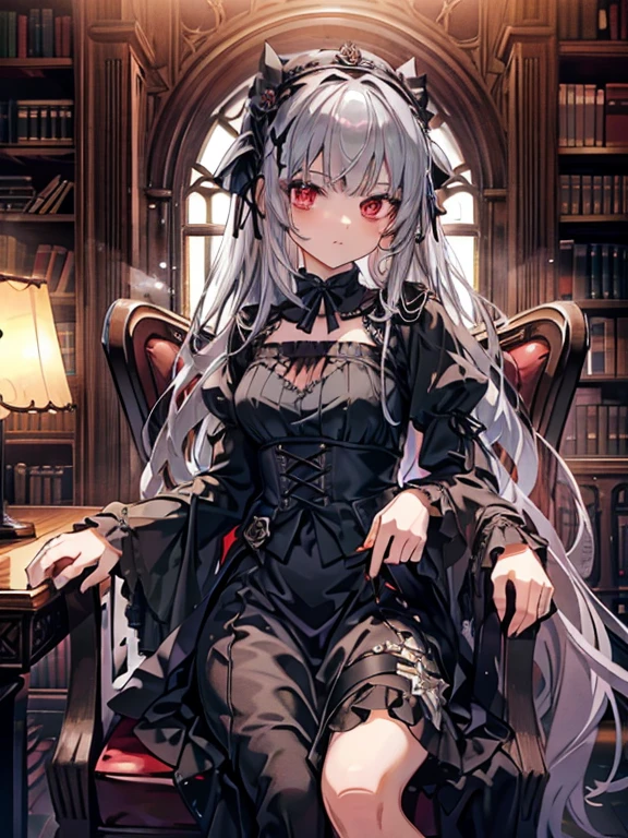 masterpiece, highest quality, Very detailed, 16k, Ultra-high resolution, Cowboy Shot, One 14-year-old girl, Detailed face, Perfect Fingers, sui1,Mercury lamp, Red eyes, Long Hair, Gothic Dress, Gray Hair, Floral Hair Ornament, Long sleeve, Gothic Headband, ribbon, Black Dress, Black wings, Western-style building, libraryai, Bookshelf, Luxurious chair, Drinking tea