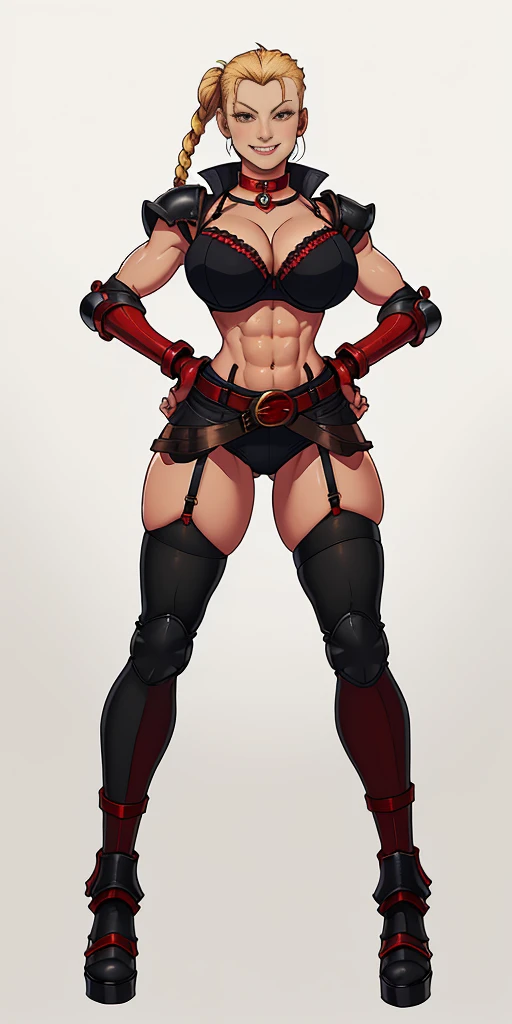 (Plain background) Female Cammy White Street Fighter red gloves gauntlets full body standing straight symmetrical feet together looking to the viewer RED full body armored (handcuffs, shackles, rerebrace, faulds, poleyn, leather collar choker, high boots bootstraps, black stockings) 2 crossing big belt under belly button, navel, abs, garter straps belts attaching bra big knockers ((hands on hips)) view from below, wide hips, thick thighs legs apart from below depth range, smile, red cheeks