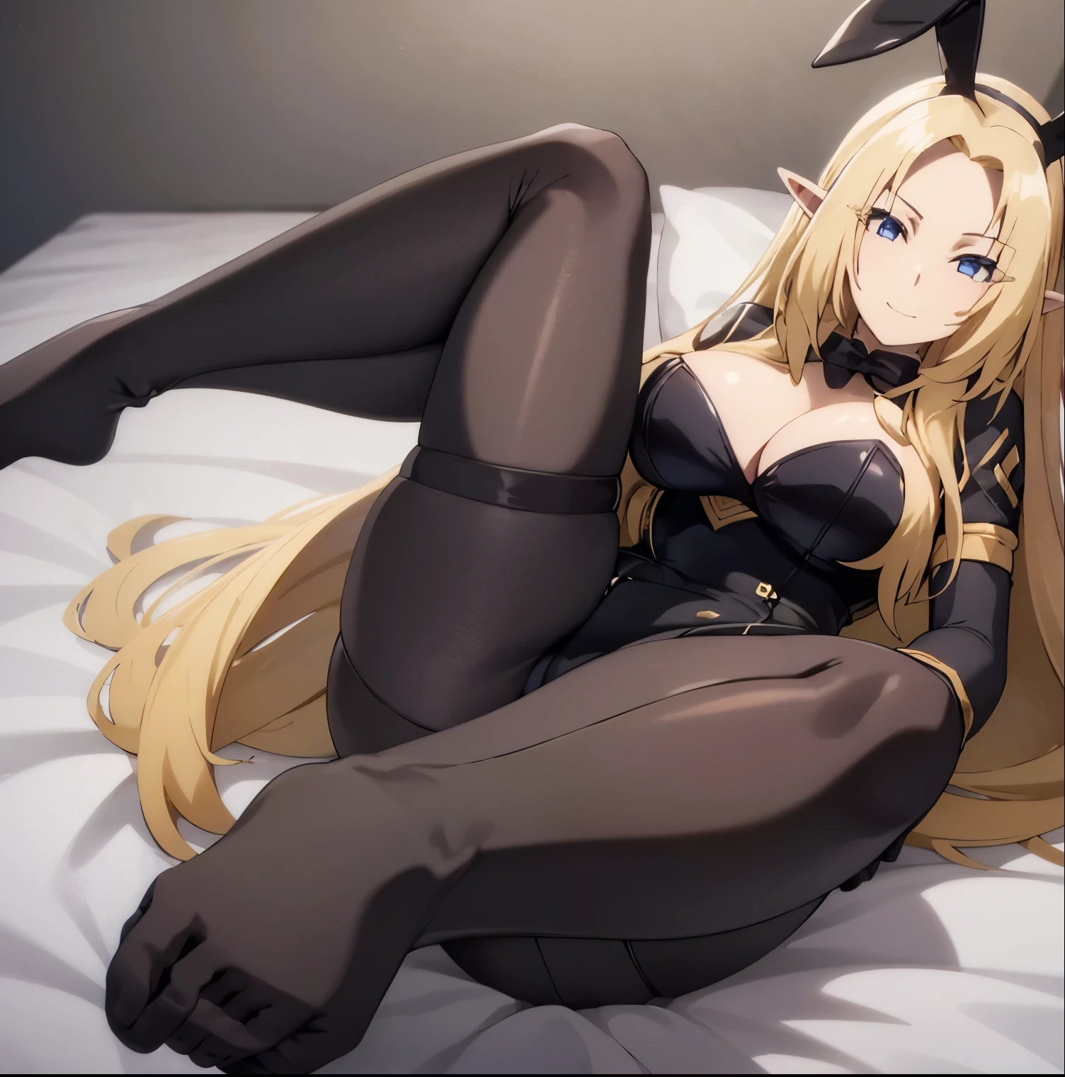 1 girl, alone, alpha, blonde_hair, blue_eyes, black playboy bunny outfit, headband black, black bunny ears, black pantyhose, sitting on bed, big breasts, medium waist, wide hips, medium thighs, round butt, cleavage, closed_mouth, elf, long_hair, long_pointed_ears, front, looking at viewer, pov (from below), pointed_ears, room, bedroom, smile, full body, very_long_hair, perfect hands, perfect anatomy