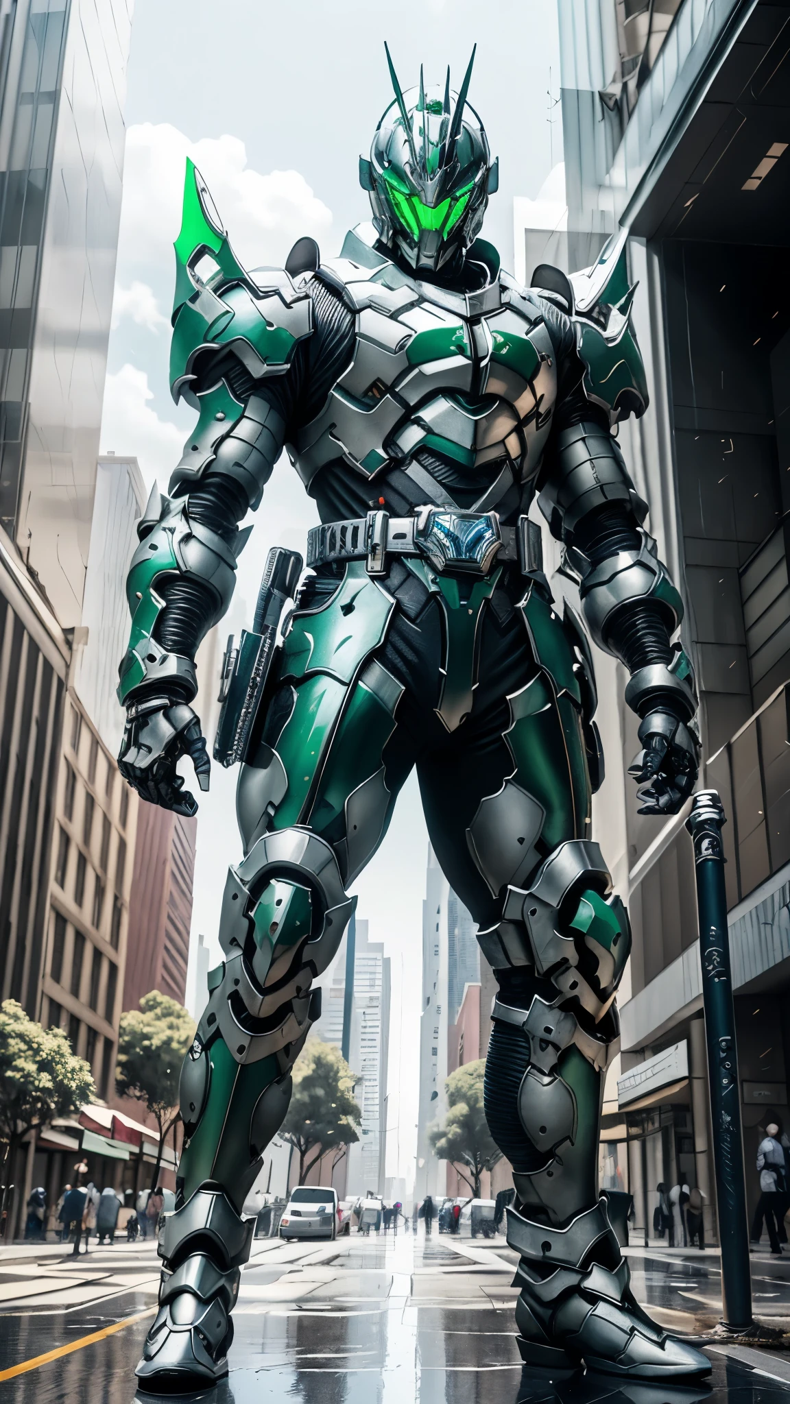 A man wearing a full-face helmet, a fantasy-style biotech armored combat suit, green eyes, (a composite layered chest armor), fully enclosed shoulder guards, matching arm and leg guards, the belt is adorned with Horseshoe-shaped marker, (the color scheme is primarily white with green accents), the design balances heavy with agility, a high-tech bio-mecha armor, (Armor Concept Inspired by Unicorn, stand on the top of a skyscraper in a futuristic sci-fi city), this character embodies a finely crafted fantasy-surreal style armored hero in anime style, exquisite and mature manga art style, (battle damage, element, plasma, energy, the armor glows), ((male:1.5)), metallic, real texture material, dramatic, high definition, best quality, highres, ultra-detailed, ultra-fine painting, extremely delicate, professional, perfect body proportions, golden ratio, anatomically correct, symmetrical face, extremely detailed eyes and face, high quality eyes, creativity, RAW photo, UHD, 32k, Natural light, cinematic lighting, masterpiece-anatomy-perfect, masterpiece:1.5