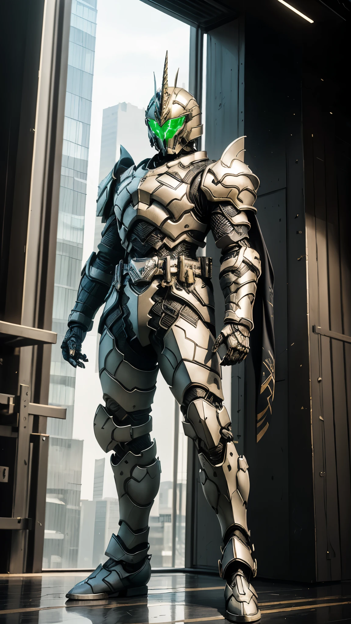 A man wearing a full-face helmet, a fantasy-style biotech armored combat suit, green eyes, (a composite layered chest armor), fully enclosed shoulder guards, matching arm and leg guards, the belt is adorned with Horseshoe-shaped marker, (the color scheme is primarily white with green accents), the design balances heavy with agility, a high-tech bio-mecha armor, (Armor Concept Inspired by Unicorn, stand on the top of a skyscraper in a futuristic sci-fi city), this character embodies a finely crafted fantasy-surreal style armored hero in anime style, exquisite and mature manga art style, (battle damage, element, plasma, energy, the armor glows), ((male:1.5)), metallic, real texture material, dramatic, high definition, best quality, highres, ultra-detailed, ultra-fine painting, extremely delicate, professional, perfect body proportions, golden ratio, anatomically correct, symmetrical face, extremely detailed eyes and face, high quality eyes, creativity, RAW photo, UHD, 32k, Natural light, cinematic lighting, masterpiece-anatomy-perfect, masterpiece:1.5