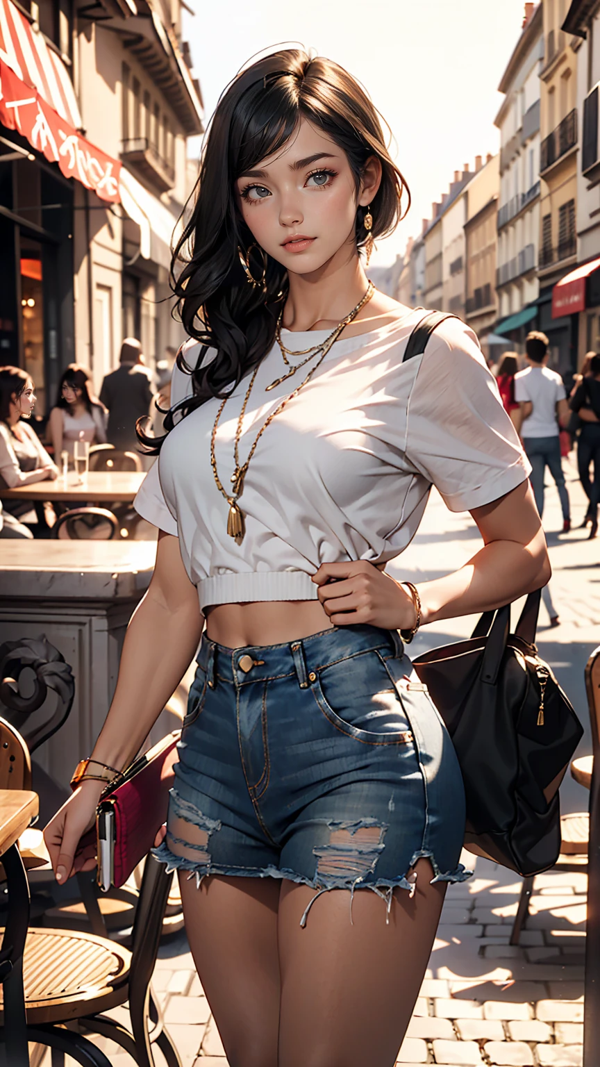 1 girl,(Black Hair Semi-Long)(Beautiful Hair), actress, smile, Shiny skin, highest quality, masterpiece, (Realistic:1.4), Terrace seats, Europe, France, Paris, Denim mini skirt (Realistic Fabric), White short sleeve (Cotton), (No logo), Thin fingers