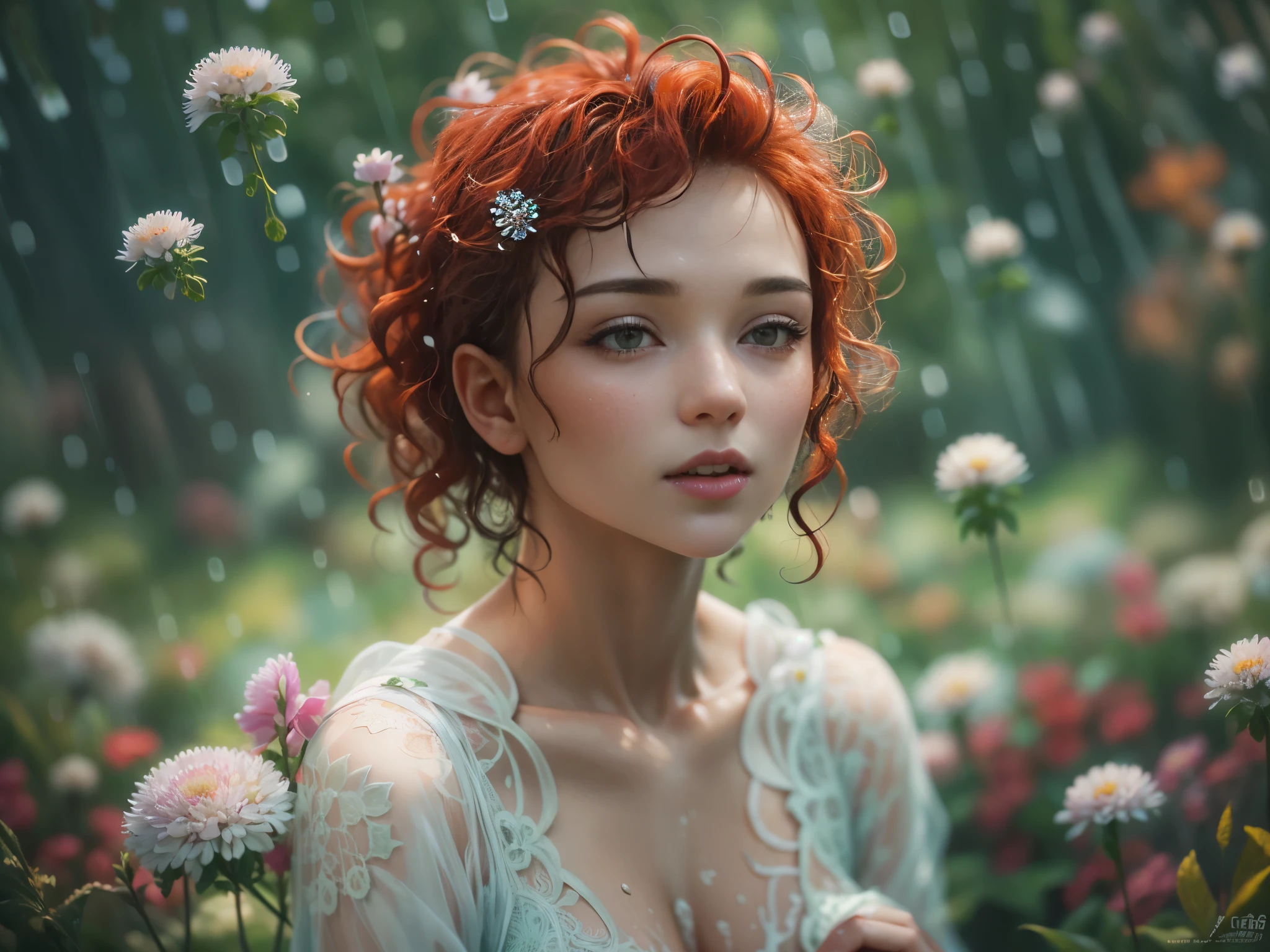 cute woman under drizzling rain, (elegant, beautiful face), transparent white dress, forest moss, (freckles:0.8), flowers feld, , curly red hair, magical atmosphere, (short hair), ((detailed skin, skin texture)), ultradetailed, (intricately detailed, fine details, hyperdetailed), raytracing, subsurface scattering, (fantasy underworld on background), diffused soft lighting, shallow depth of field, sharp focus bokeh, (realistic photo quality:1.4), jenya.d