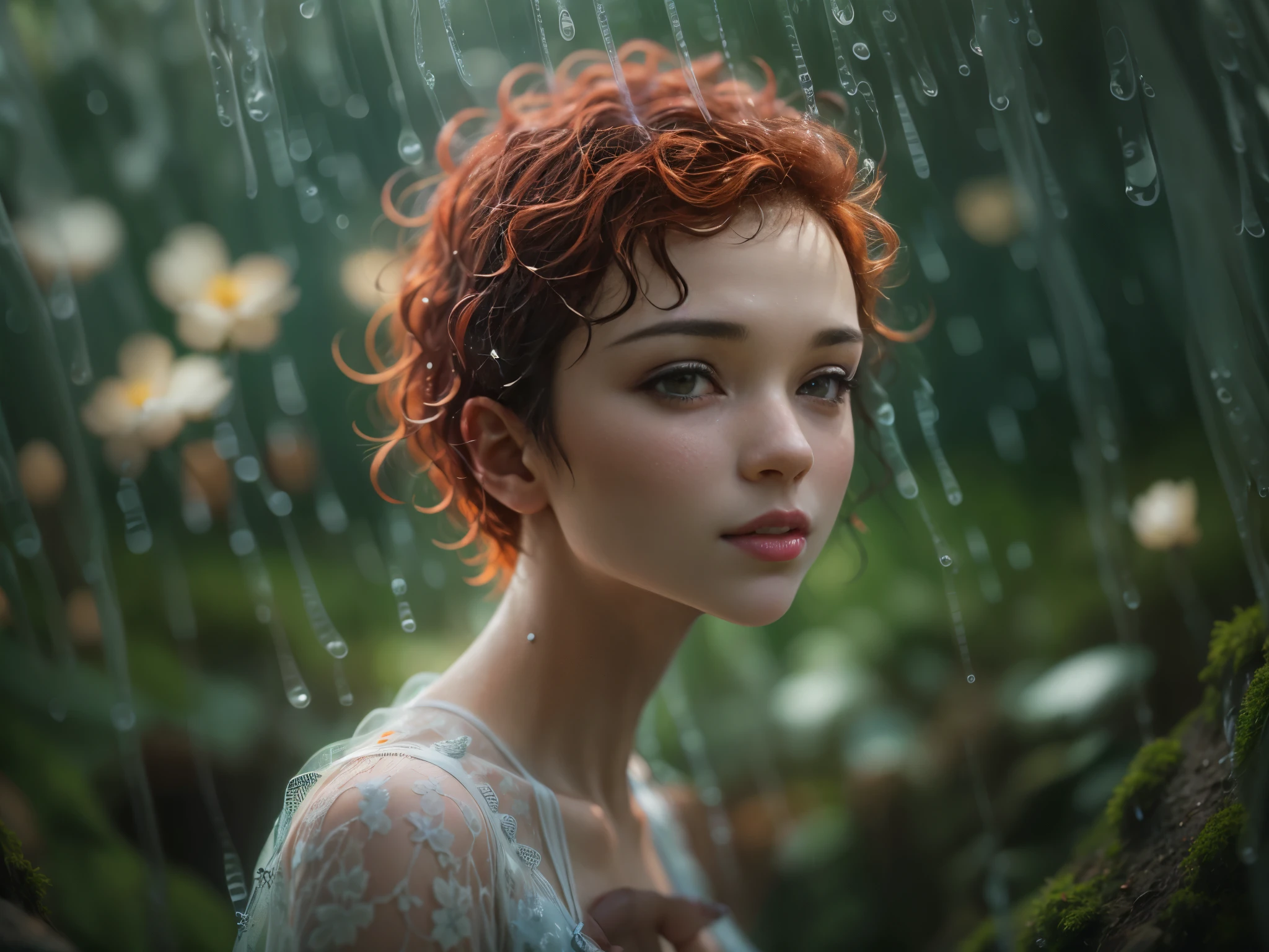 cute woman under drizzling rain, (elegant, beautiful face), transparent white dress, forest moss, (freckles:0.8), flowers feld, , curly red hair, magical atmosphere, (short hair), ((detailed skin, skin texture)), ultradetailed, (intricately detailed, fine details, hyperdetailed), raytracing, subsurface scattering, (fantasy underworld on background), diffused soft lighting, shallow depth of field, sharp focus bokeh, (realistic photo quality:1.4), jenya.d