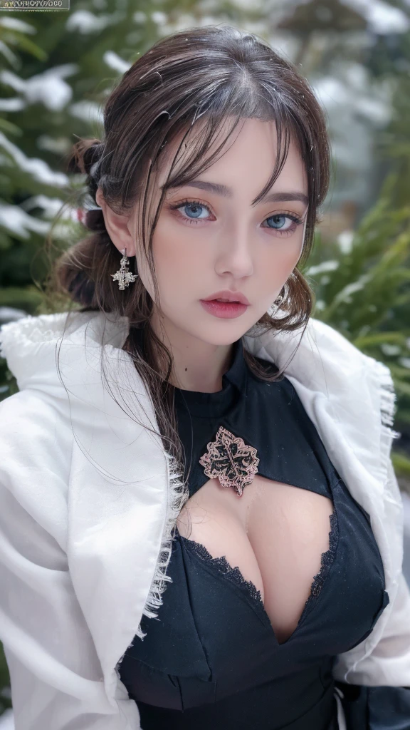 1 miniature Beautiful beautiful woman - Yuan Sayuki, ((top quality, 8K, Masterpiece:1.retty woman, 1 woman, huge breasts:1.3, a slim body:1.1, lush GINGER long hair with 2 buns, (shower, wet body, wet clothes:1.1), very detailed face, detailed lips, detailed eyes, double eyelids, Detailed blue eyes, чрезвычайно Detailed Outstanding Blue Eyes, long GINGER wet hair, GINGER wet hair, Detailed Outstanding Blue Eyes, innocent look at the viewer, very wet wavy white hair, Detailed Outstanding Blue Eyes, huge cross earrings, Outdoors, badges behind, gothic maid uniform,  sexy maid dress, bare chest, huge chest tattoo, detailed huge catholic cross earrings, chest tattoo, Outside, wear a silver cross (Detailed cross shape), reality mode, wet breasts, black necklace, human crowd behind, black latex gloves, hair of white snowy colour, night time, red neon lights, demonic nun, nimbus (golden lighting ring above her head), angel, snowy weather, sexy pose, white lingerie, black maid dress, detailed flower wreath made of different colours, open chest (tattoo on her chest)