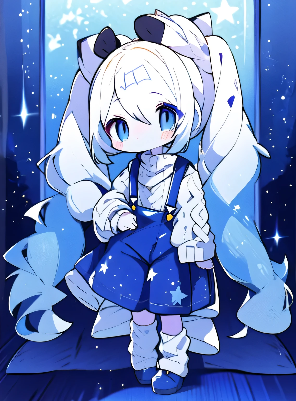  anime girl with long white hair in 2 wide pigtails tied at the bottom and a sweater with a night sky print with overalls. Wide eyes