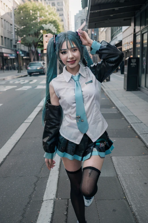 1girl, (masterpiece:1.3), (high resolution), (8K), (extremely detailed), (4k), (pixiv), perfect face, nice eyes and face, (best quality), (super detailed), detailed face and eyes, (solo), textured skin, absurdres, highres, wztalesxstyle, (hatsune miku:1.2), standing on one leg, one eye closed, neon lights, cute, smile, wind, outdoors, sunlight, pointing at viewer, miniskirt,