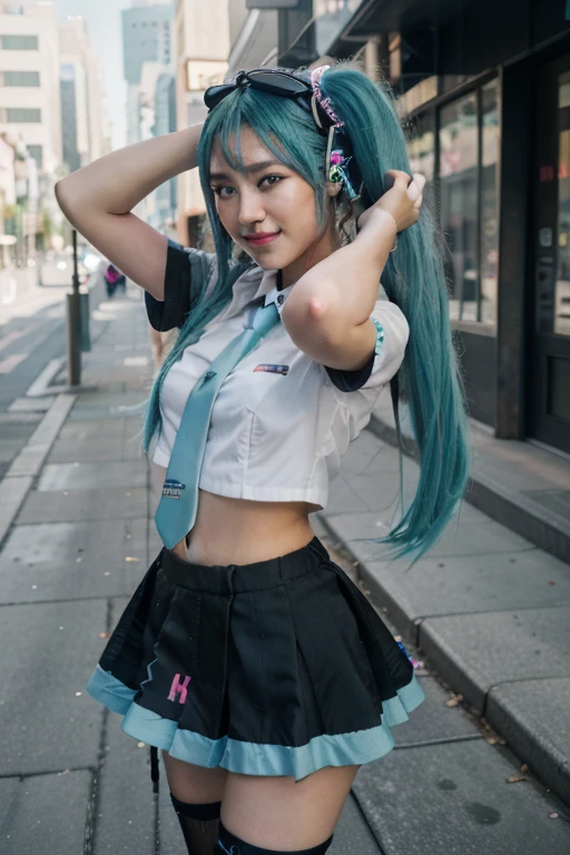 1girl, (masterpiece:1.3), (high resolution), (8K), (extremely detailed), (4k), (pixiv), perfect face, nice eyes and face, (best quality), (super detailed), detailed face and eyes, (solo), textured skin, absurdres, highres, wztalesxstyle, (hatsune miku:1.2), standing on one leg, one eye closed, neon lights, cute, smile, wind, outdoors, sunlight, pointing at viewer, miniskirt,