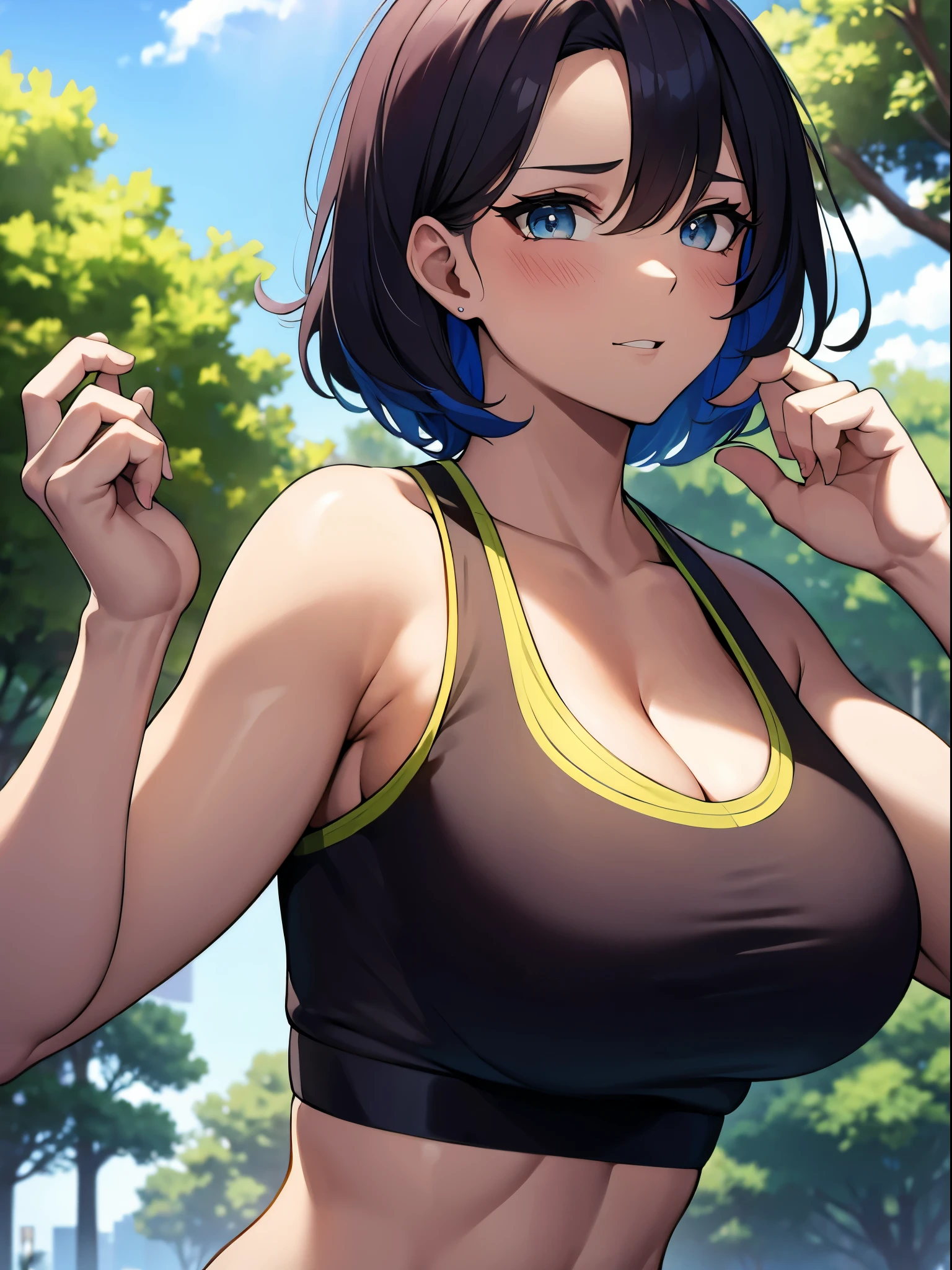 woman, cropped-fc, cleavage, sports bra, detailed face, colorful clothing, park, sky, trees