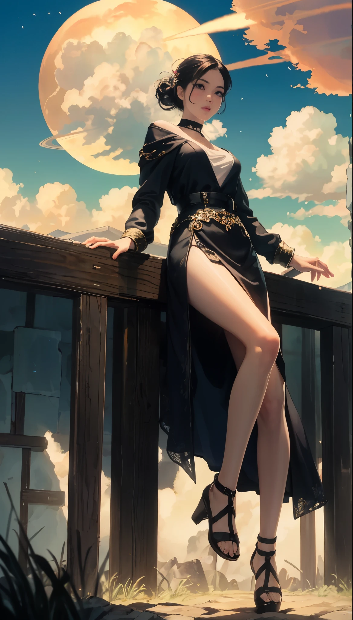 realistic visual effects,attractive beautiful,dramatic contrast,Gentle lighting,Delicate warmth,the soft light,hyper HD,Extremely colorful,best qualityer,perfect female shape,HighDynamicRange,long eyelashes, Unbeatable masterpiece,putting makeup on,Sexy goddess,Strange sky,The setting sun burns the clouds,8K high quality,Sexy goddess,A pair of big eyes are beautiful and moving,White skin,Makeup,Sexy outfit,Blue light comes out,Doomsday ruins,Giant tornado,Strange sky,The setting sun burns the cloud multiple planets,The end of the world,Multiple planets,Jupiter,Mercury,Strange sky,Giant tornado。