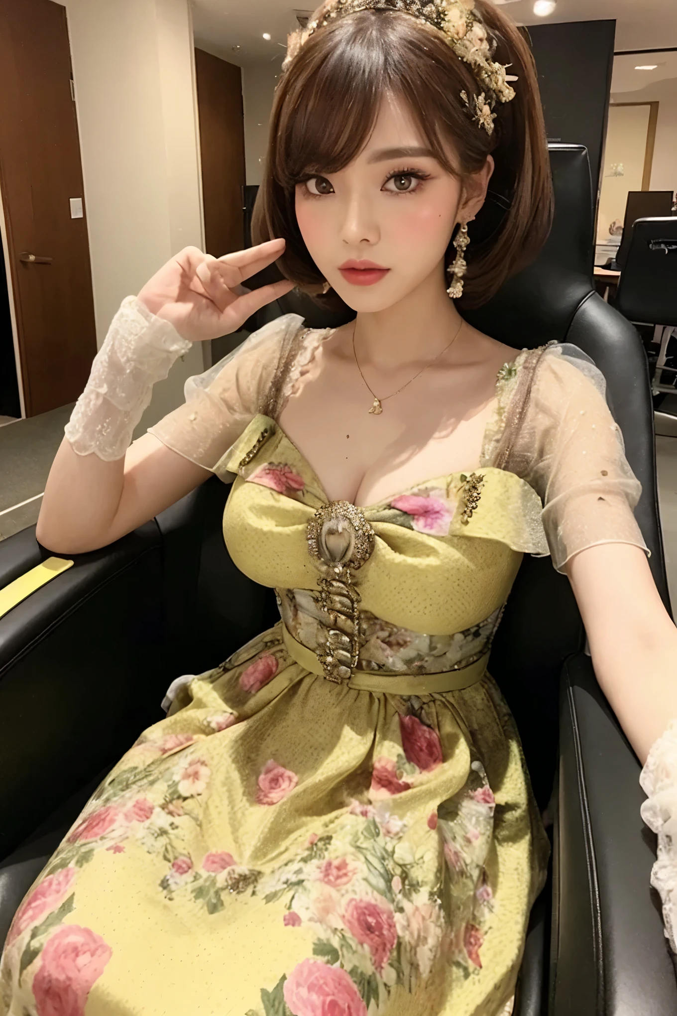 (Stunning, ultra-high resolution, Masterpiece: 1.3), 1 woman, attractive figure with emphasis on hourglass shape: 1.4, (beehive hairdo: 1.2), formal dress with floral patterns: 1.1, ultra-realistic face and skin texture, captivating eyes, playful expression, game room

(Lifelike, high resolution: 1.3), 1 woman with an appealing figure, finely detailed face and eyes, beehive hairstyle, dress with vibrant floral patterns, virtual reality game console: 1.2, sits gracefully on a gaming chair, arms crossed, showing off her hourglass