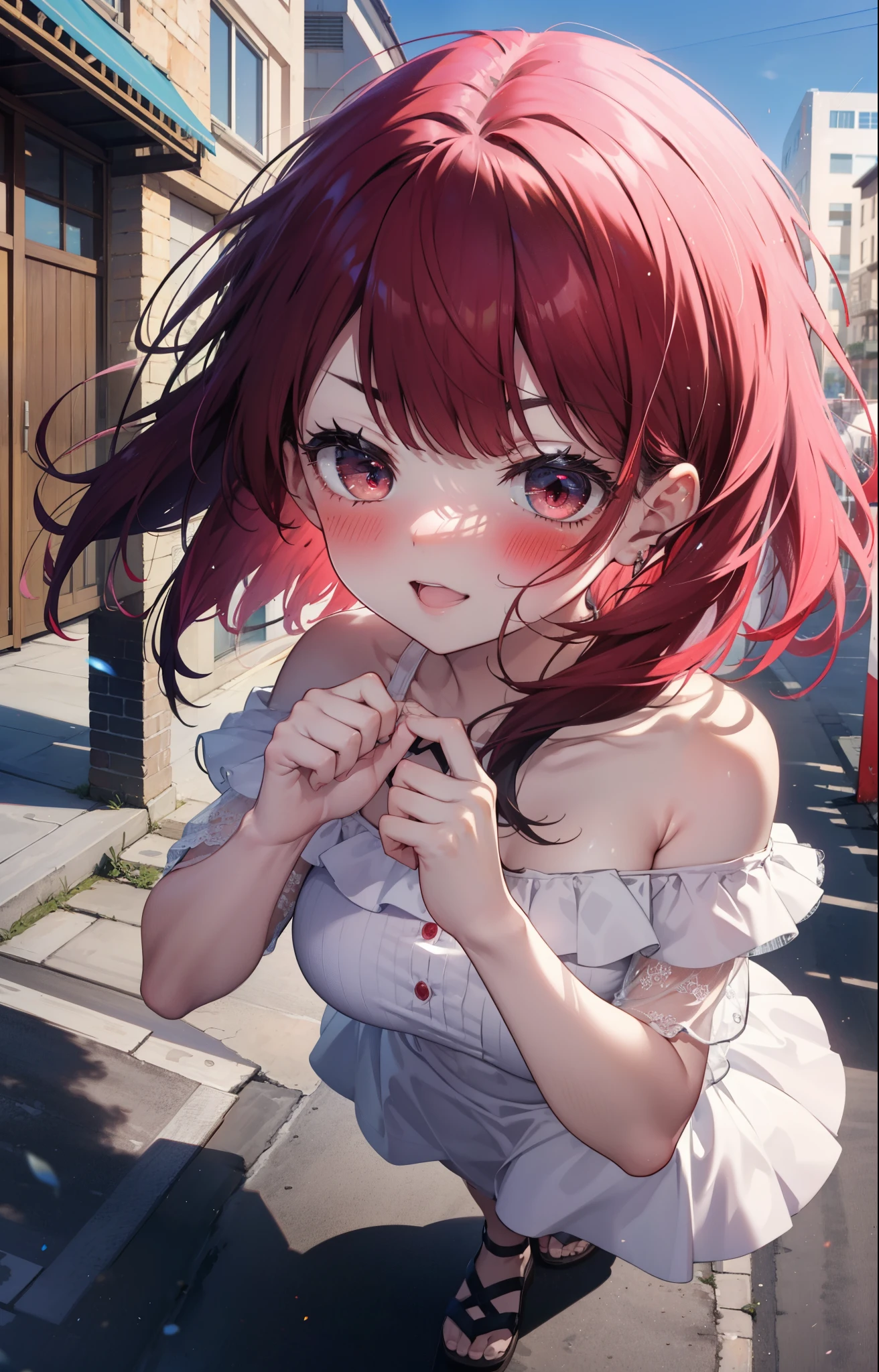 masterpiece、highest quality、Very detailed、Photograph the upper body、1 female、(Put your arms behind your back:1.4)、Are standing、Turn your body forward、View your viewers、(Red hood)、break,blush、shy、Pink Hair、Open your mouth、In town、Big Breasts、