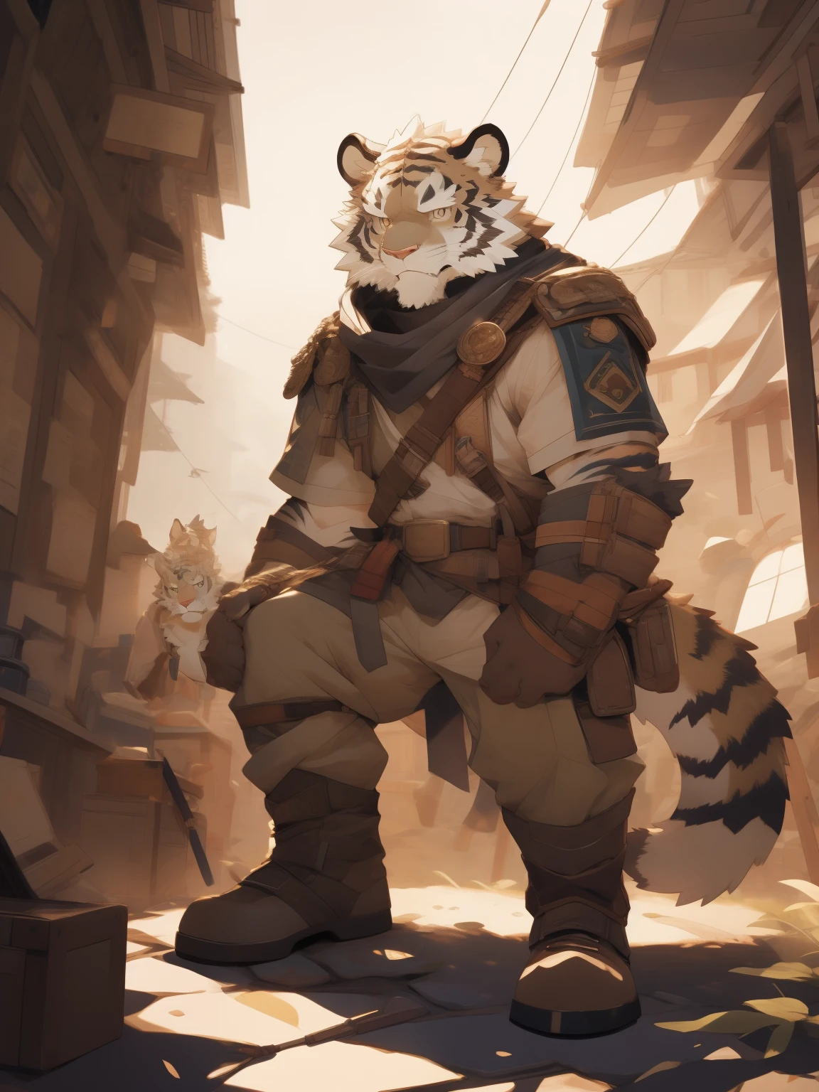 Masterpiece, Best quality, Perfect anatomy, author：K0bit0wani, author：Milk Tiger 1145, (author：Dex:0.3), Furry, coyote, tiny ears, Solo, Male, Eau, Abs,Adventurer clothing, Small raised, Strong, Detailed background,Soldier, combat stance