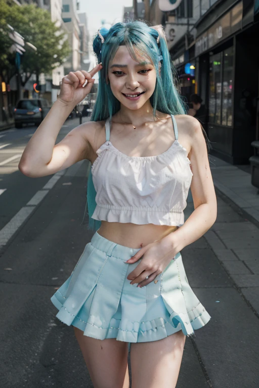 1girl, (masterpiece:1.3), (high resolution), (8K), (extremely detailed), (4k), (pixiv), perfect face, nice eyes and face, (best quality), (super detailed), detailed face and eyes, (solo), textured skin, absurdres, highres, wztalesxstyle, (hatsune miku:1.2), standing on one leg, one eye closed, neon lights, cute, smile, wind, outdoors, sunlight, pointing at viewer, miniskirt,