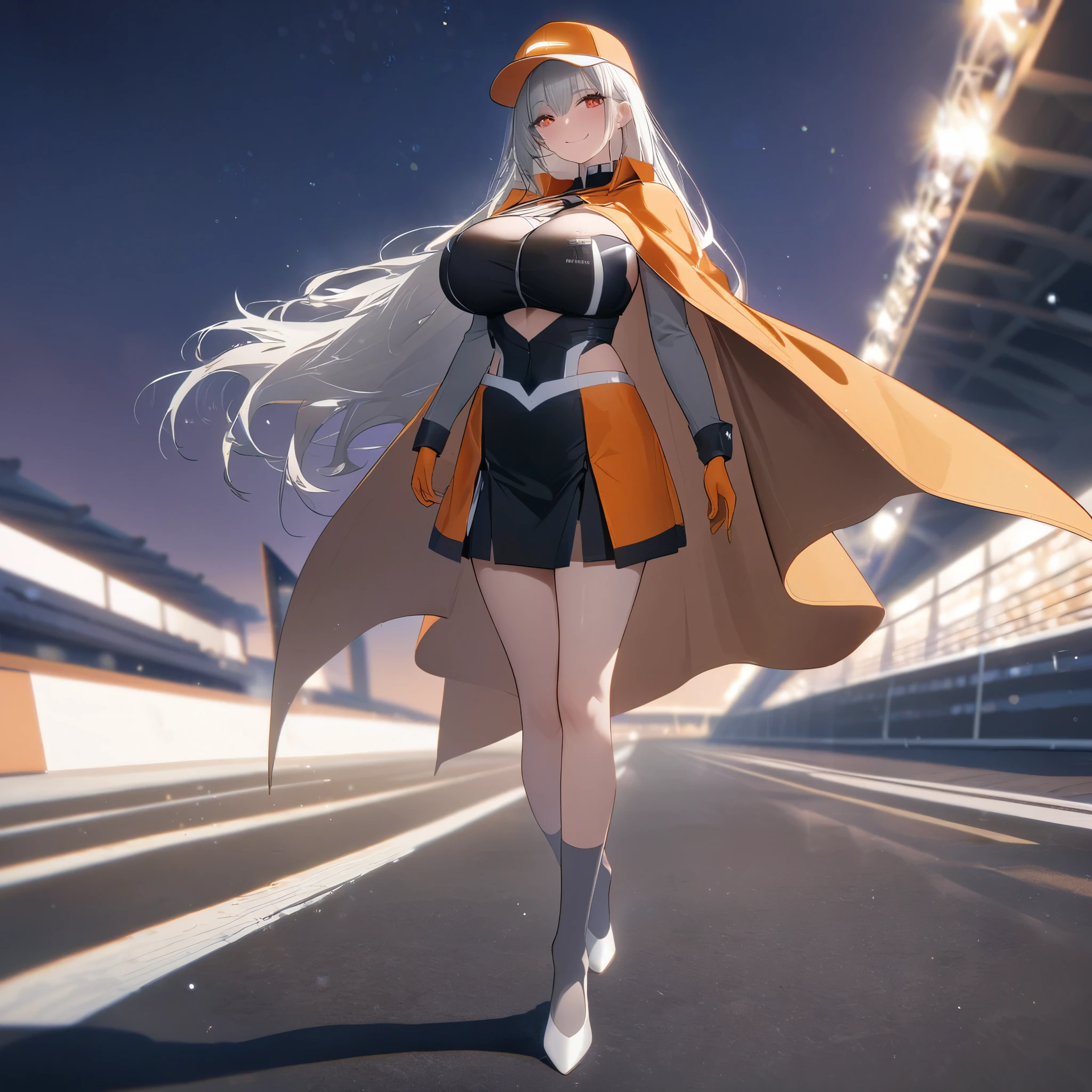 A woman wearing a gray race queen uniform with white details, long gray socks, white heels, big breasts, long silver hair, loose hair, orange gloves, wearing an orange leather cape, orange sports hat, red eyes, smiling, walking on a racetrack, a gray racing car in the background, dark blue sunset sky, full body, illuminated place.illuminated place.,bokeh effect, atmospheric perspective, 8k , super detail, accurate, best quality, award winning, textured skin, high resolution, anatomically correct(solo woman)
