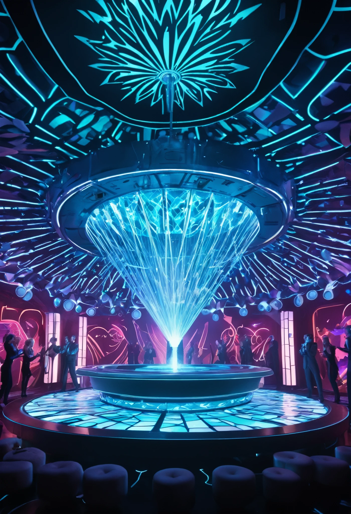 Amidst the pulsating rhythms of a Retro-futuristic nightclub, the air crackles with electricity, as patrons lose themselves in a kaleidoscope of sound and sensation, (masterpiece, best quality, Professional, perfect composition, very aesthetic, absurdres, ultra-detailed, intricate details:1.3)