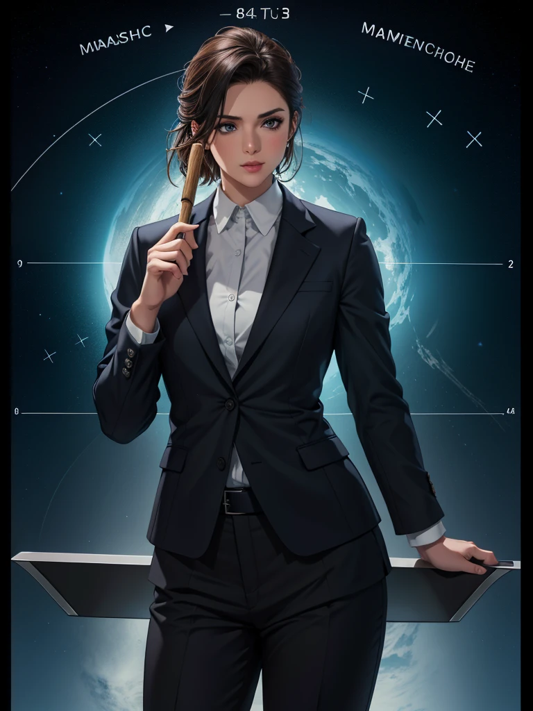 (best quality, 4k, 8k, highres, masterpiece:1.2), ultra-detailed, realistic:1.37, studio lighting, vivid colors, professional, sharp focus, bokeh, medium:photography, background, recording scene of a TV weather forecast program, female weathercaster standing in front of a weather map board, wearing a stylish business suit, pointing to the weather map with a stick, looking at the camera, male weathercaster listening to the explanation, engaging in a serious conversation.