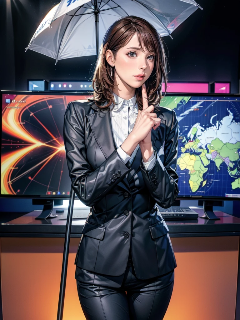 (best quality, 4k, 8k, highres, masterpiece:1.2), ultra-detailed, realistic:1.37, studio lighting, vivid colors, professional, sharp focus, bokeh, medium:photography, background, recording scene of a TV weather forecast program, female weathercaster standing in front of a weather map board, wearing a stylish business suit, pointing to the weather map with a stick, looking at the camera, male weathercaster listening to the explanation, engaging in a serious conversation.