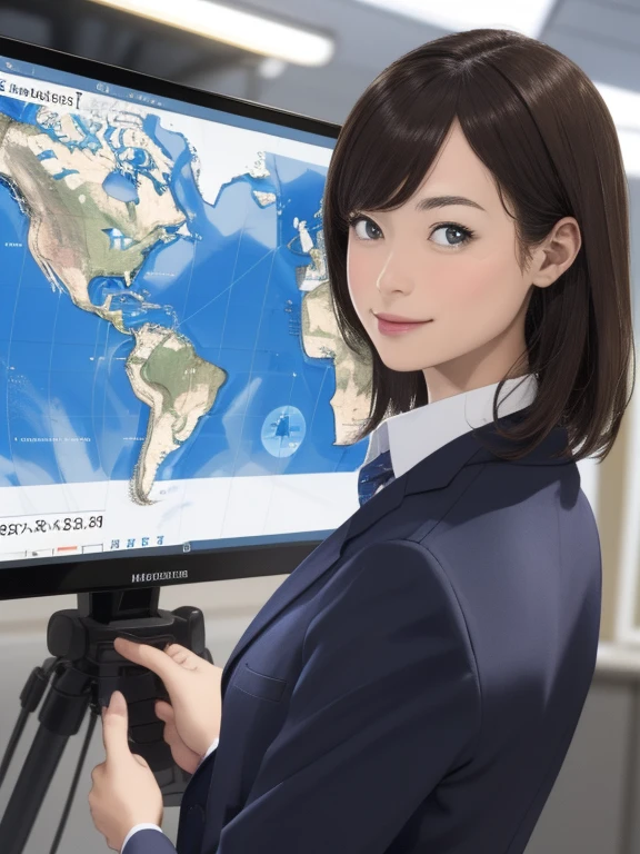 (best quality, 4k, 8k, highres, masterpiece:1.2), ultra-detailed, realistic:1.37, studio lighting, vivid colors, professional, sharp focus, bokeh, medium:photography, background, recording scene of a TV weather forecast program, female weathercaster standing in front of a weather map board, wearing a stylish business suit, pointing to the weather map with a stick, looking at the camera, male weathercaster listening to the explanation, engaging in a serious conversation.